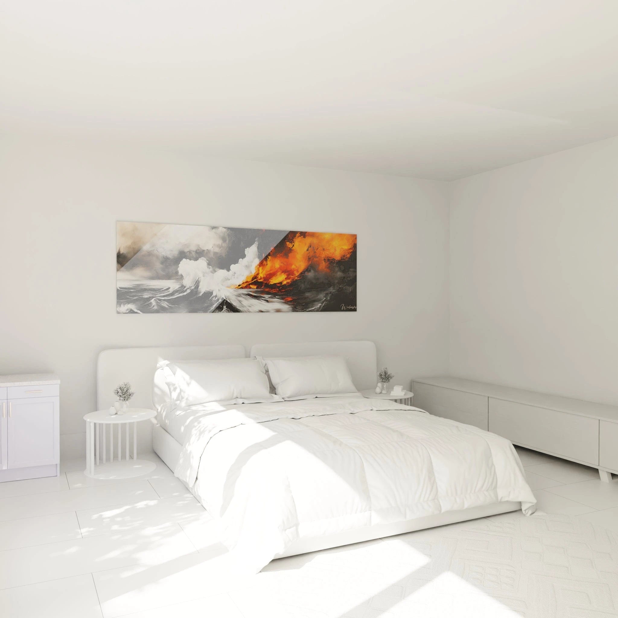 Tableau expressionniste abstrait Walensky représentant des vagues et des éruptions volcaniques dans une chambre moderne