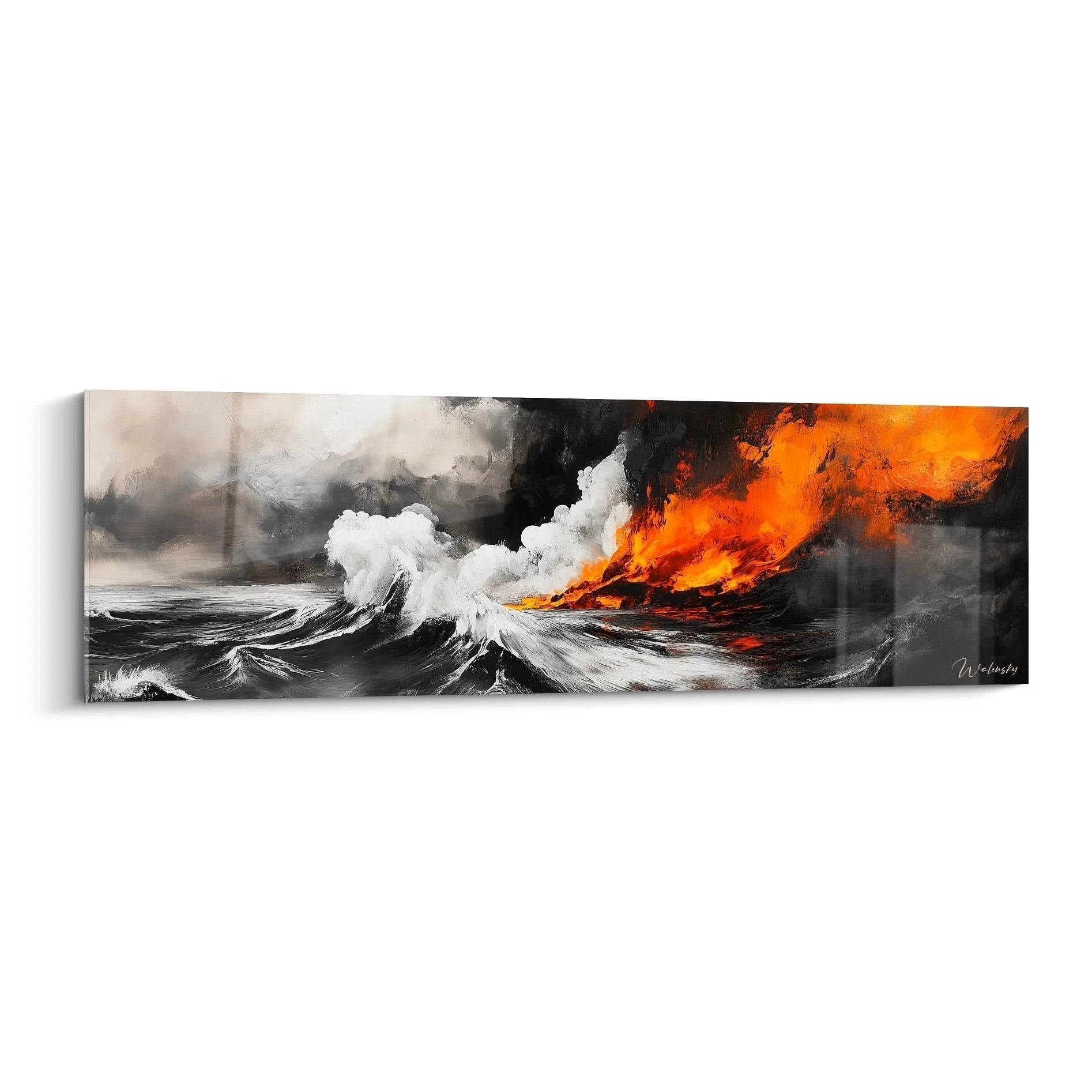 Tableau expressionniste abstrait de Walensky représentant des vagues et des flammes vibrantes