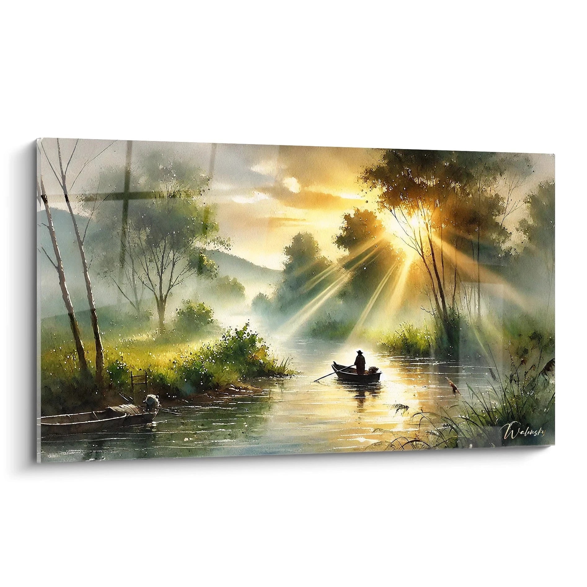 Admirez ce tableau décoration paysagère qui capte la sérénité d'une matinée douce. Sa lumière dorée et sa brume mystérieuse créent une atmosphère apaisante dans votre espace.