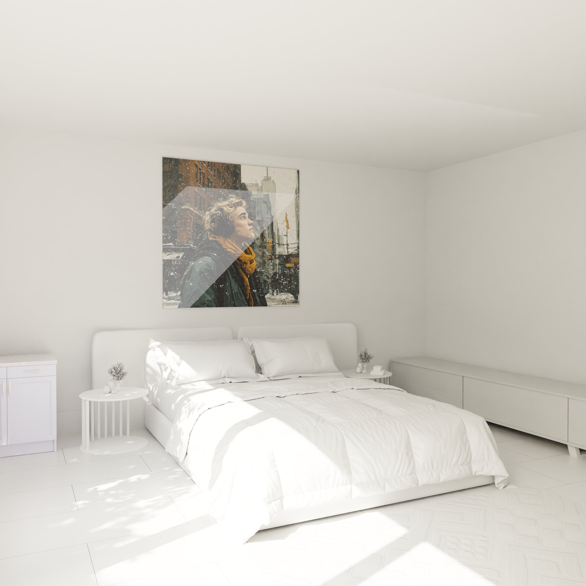 Tableau décoratif chambre jeune femme New York hiver ambiance cosy décoration murale urbaine moderne