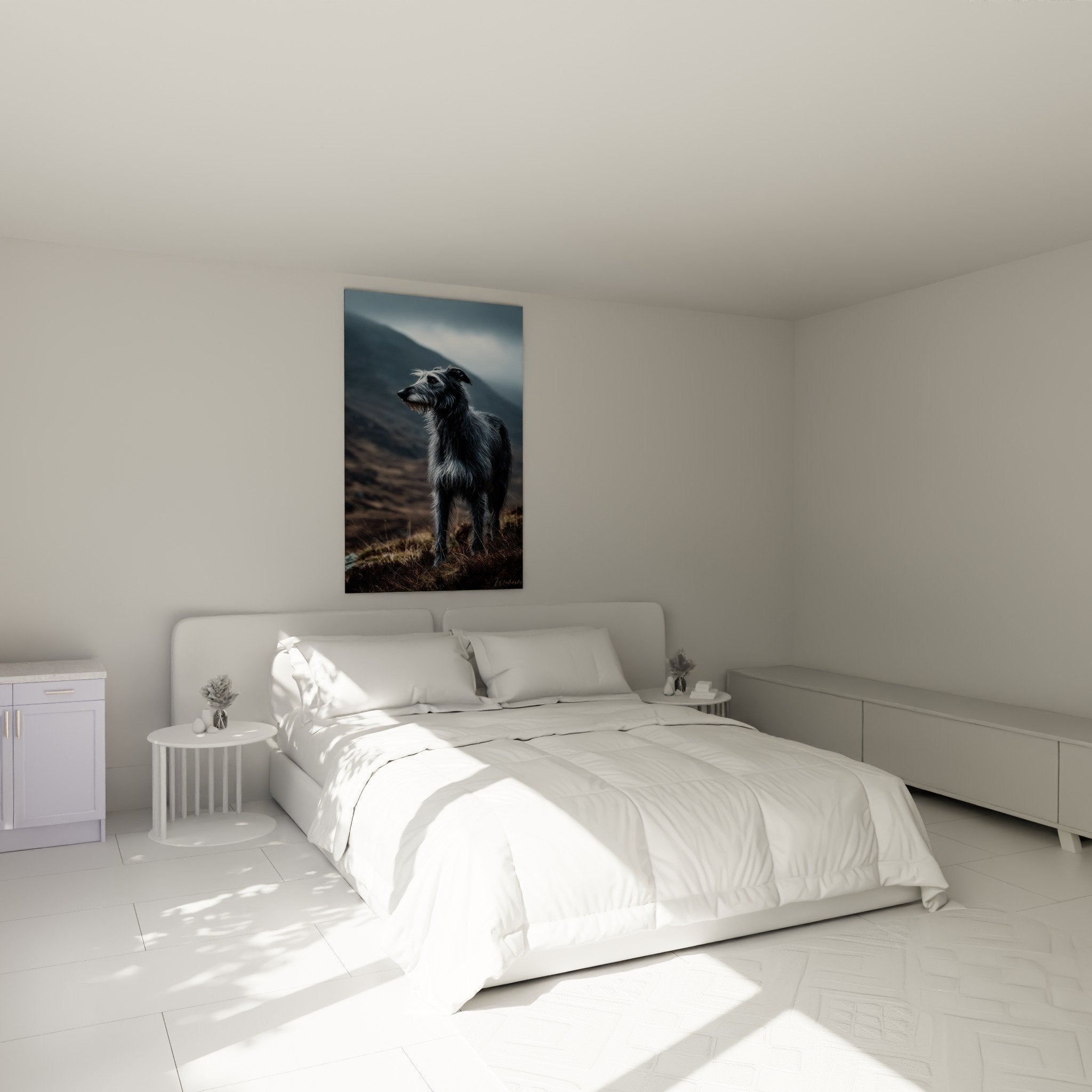 Windhund-Gemälde grau im Schlafzimmer Wanddekoration Tierkunst natürliche beruhigende Atmosphäre