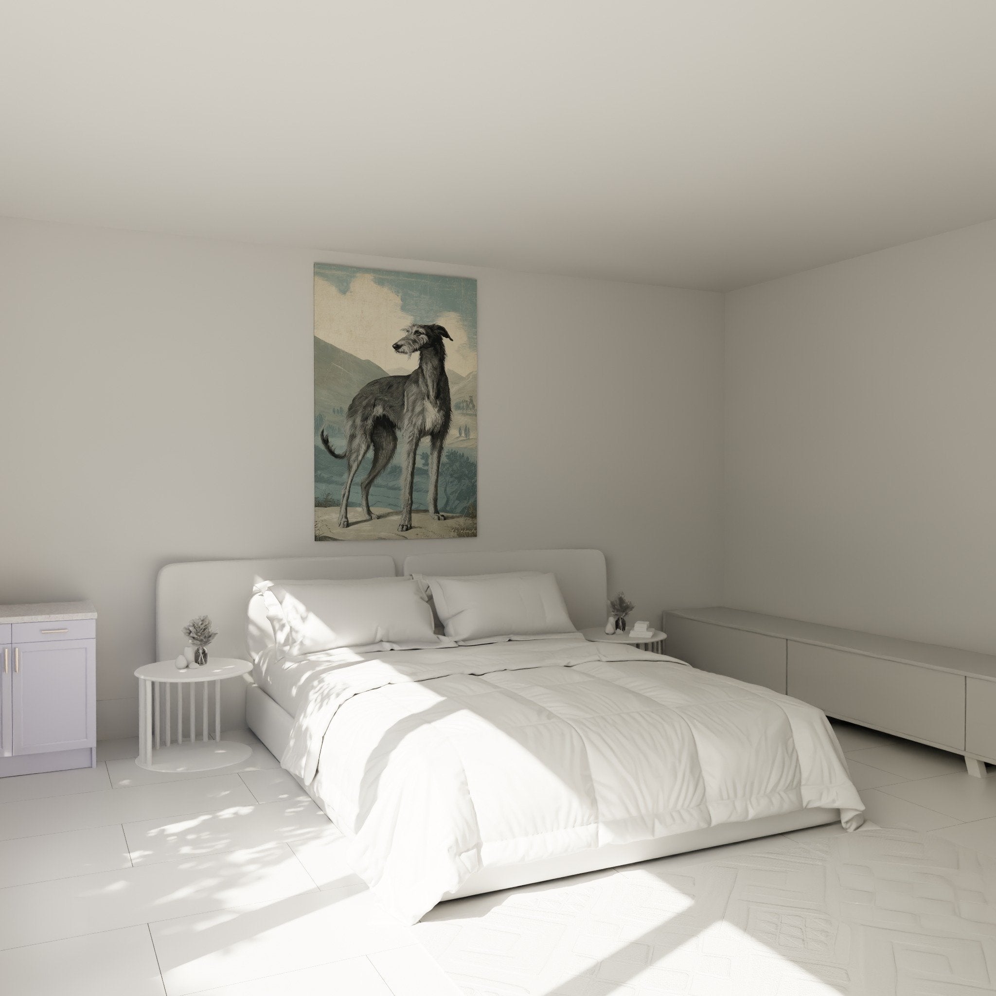 Windhund Gemälde Schlafzimmer Wanddekoration Hund Berg beruhigende Atmosphäre Grau- und Beigetöne