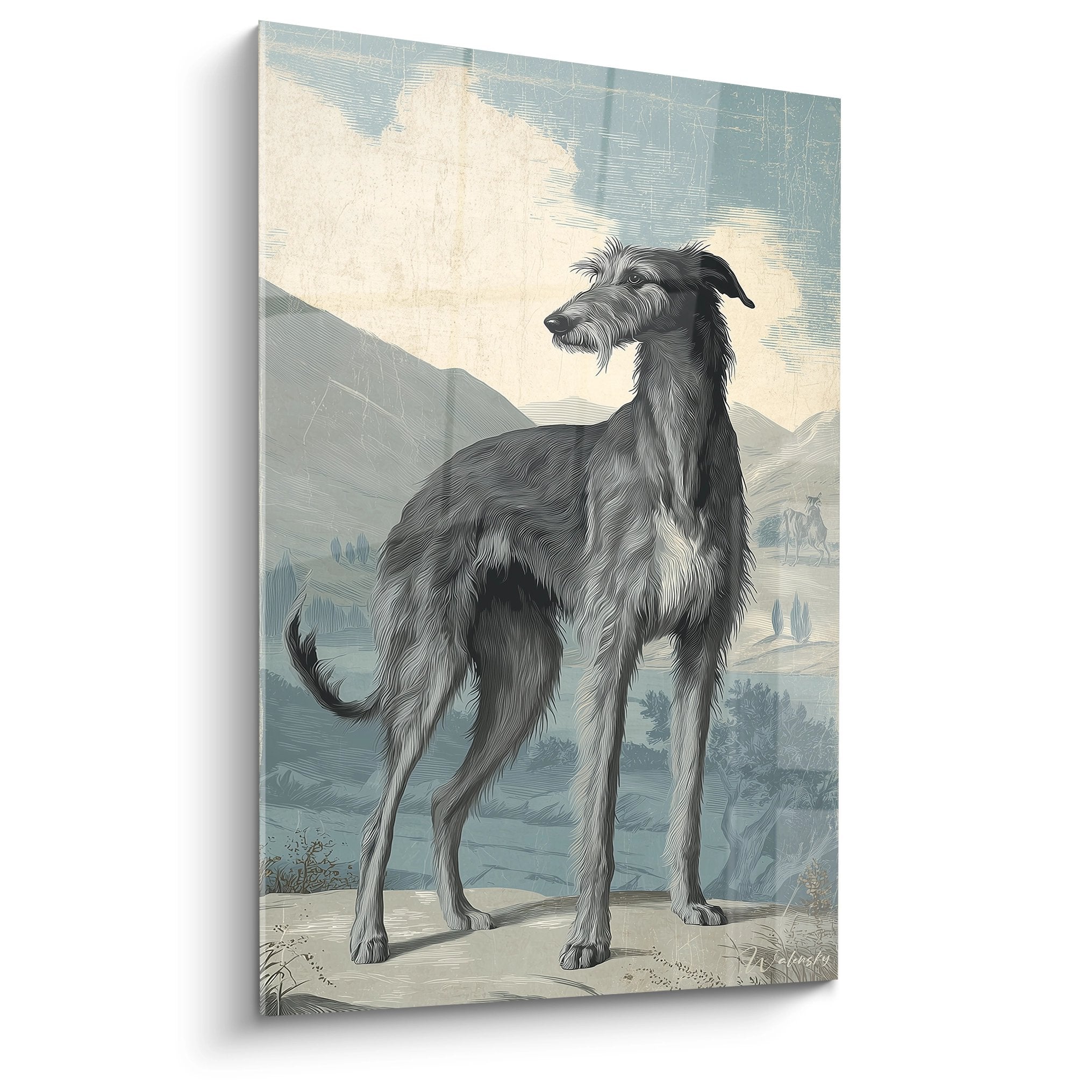 Gemälde Deerhound grauschwarzes Fell bergige Landschaft klassischer Stichstil edeles Hundeporträt