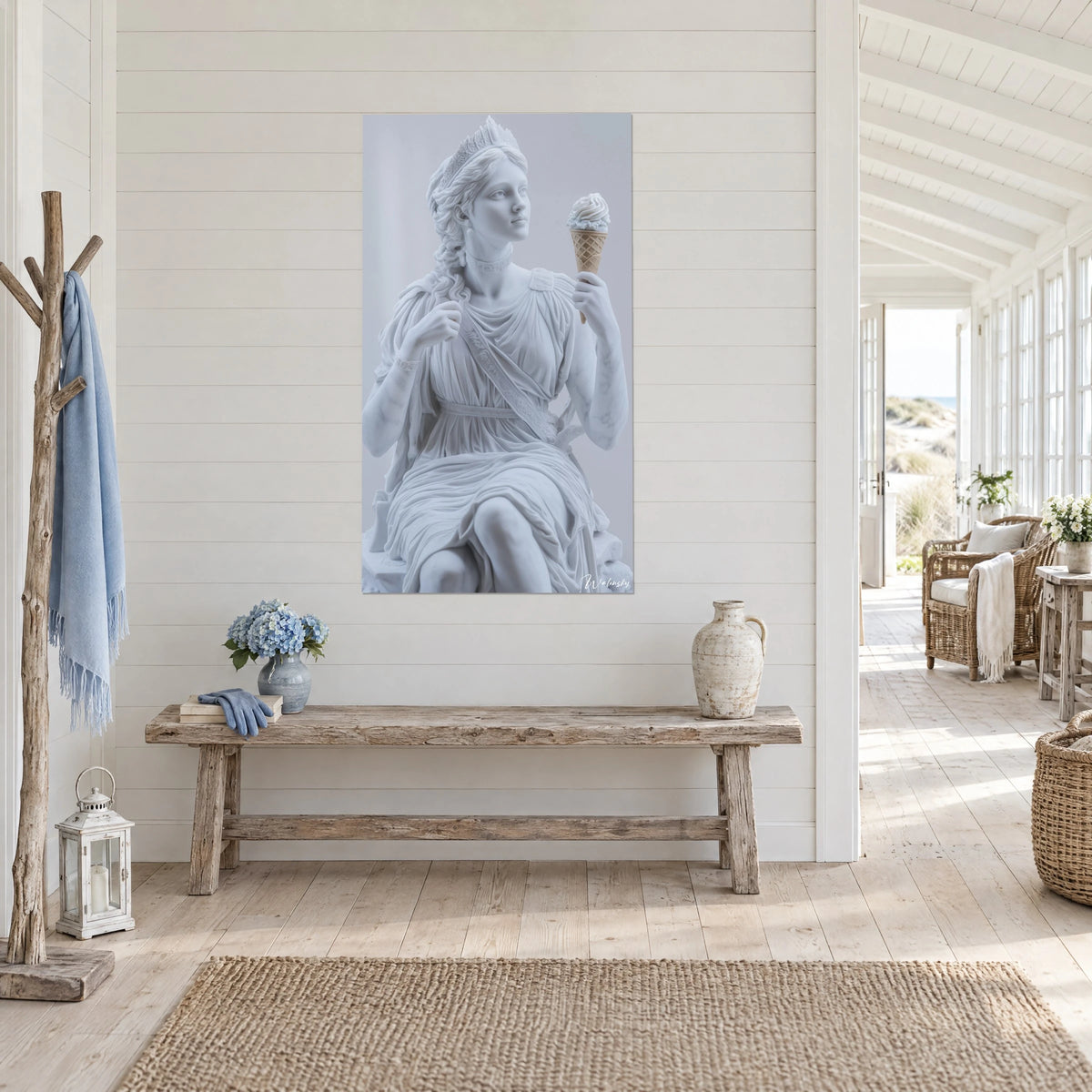 Cuadro estatua antigua sentada sosteniendo un helado de vainilla, mármol blanco veteado de gris, fondo lavanda, pared de madera de la casa