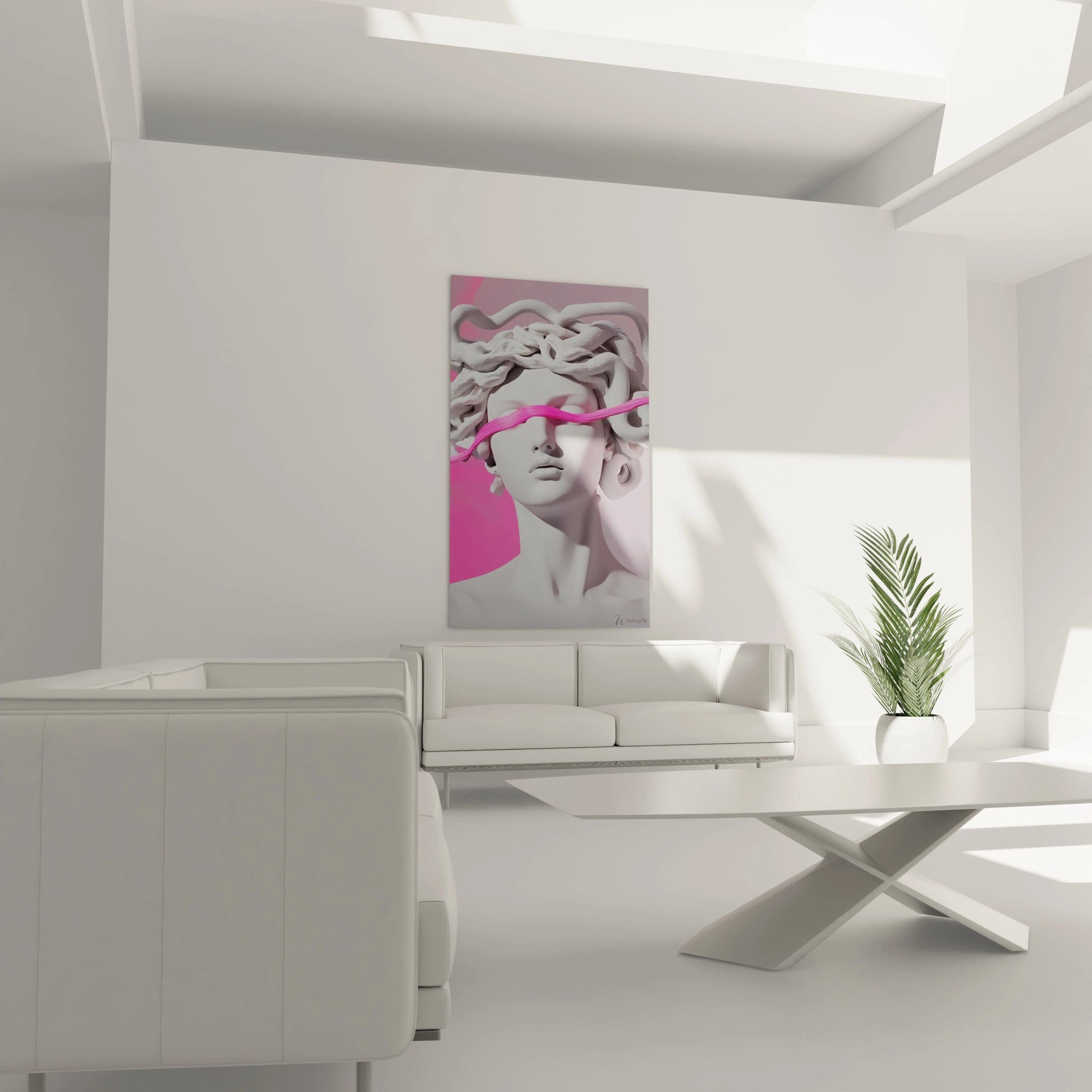 Un tableau statue figurant une réinterprétation moderne de Méduse avec un visage blanc immaculé et des serpents entrelacés, ornée d'un bandeau rose éclatant traversant les yeux, combinant textures lisses et écailleuses sur fond dégradé lilas.