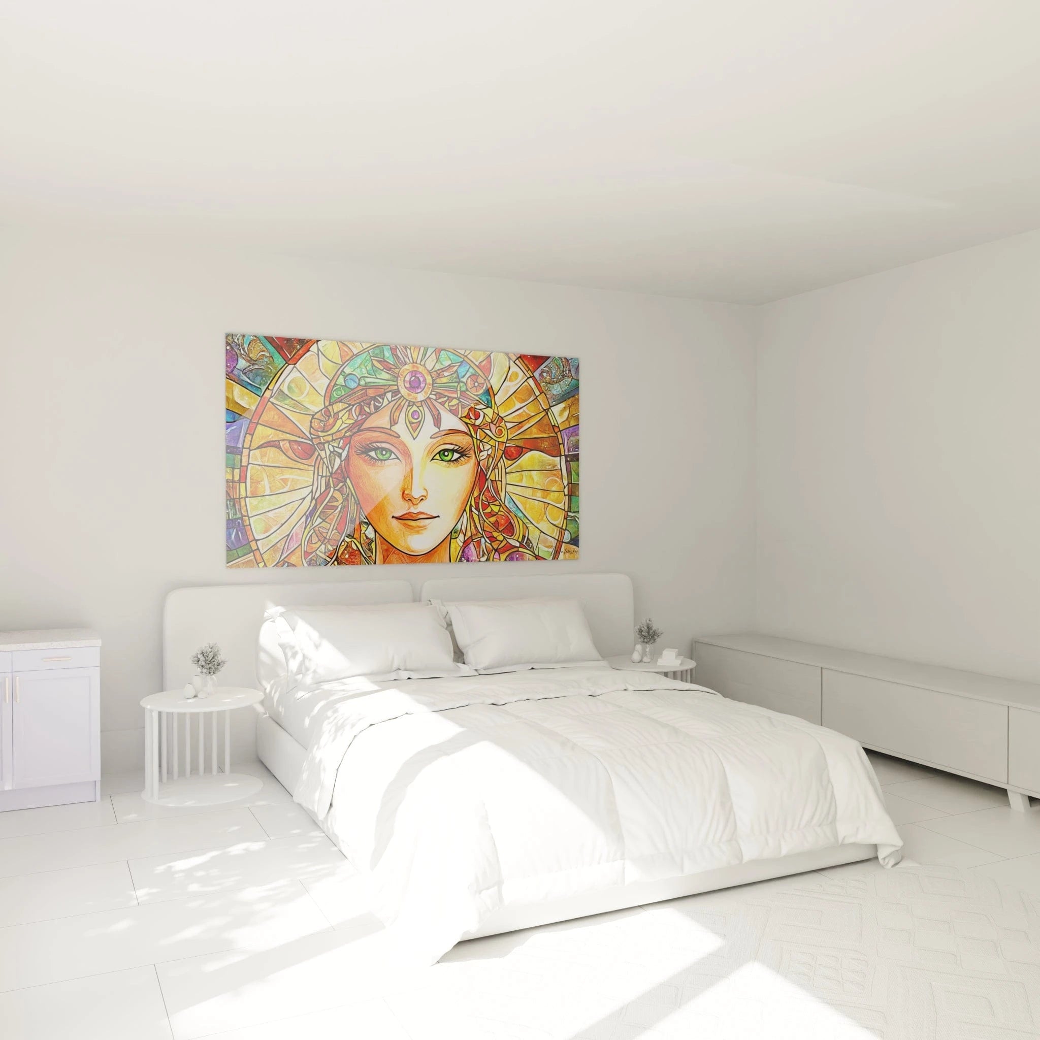 Un tableau vitraux figurant une femme au teint orangé et regard émeraude, encadrée par une structure rayonnante de fragments colorés. Les formes géométriques s'organisent en cercles concentriques autour du visage central, avec des transitions harmonieuses entre les teintes chaudes et froides dans un style rappelant l'Art Nouveau.