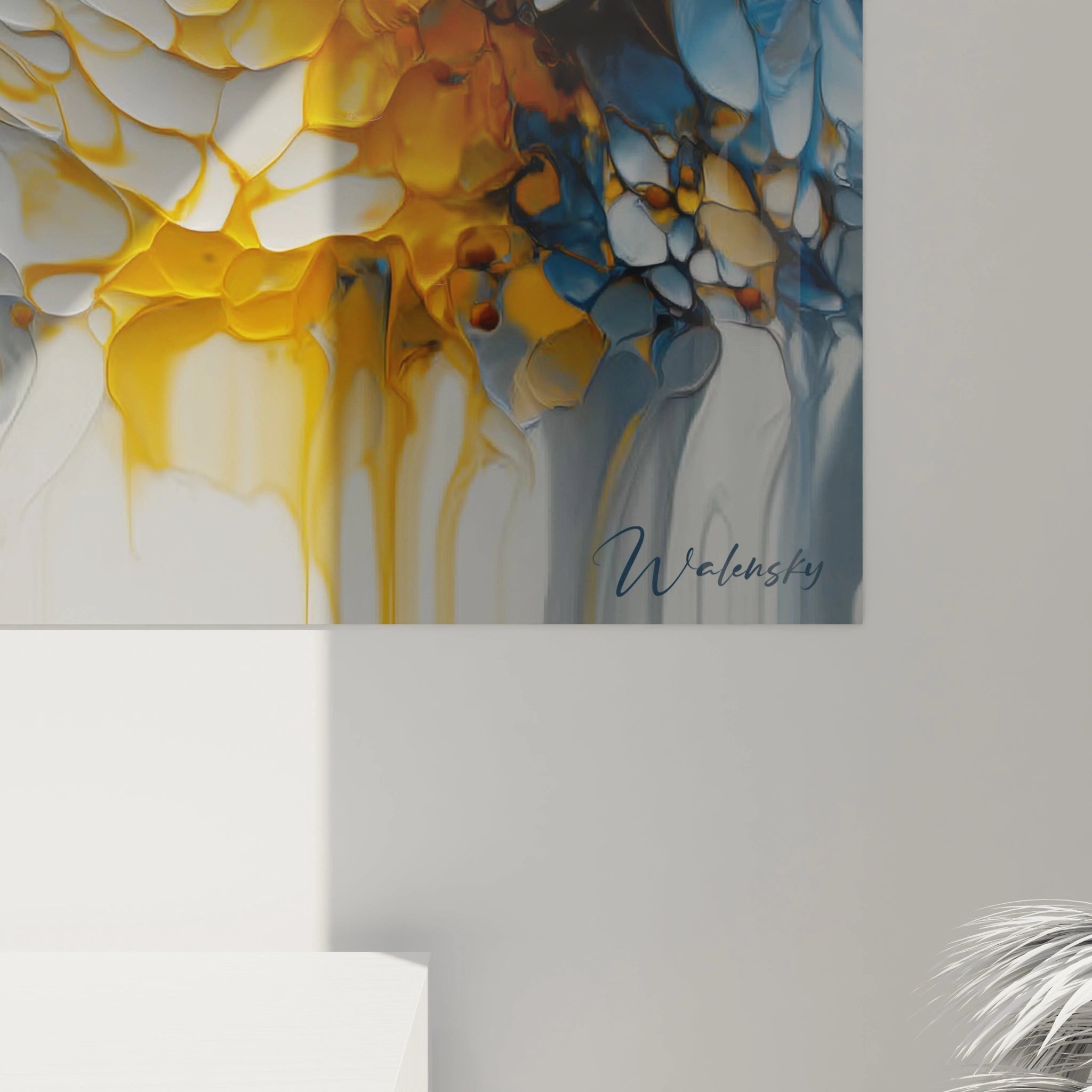 Tableau haute couture moderne Walensky en couleurs vibrantes de jaune et bleu pour décoration intérieure