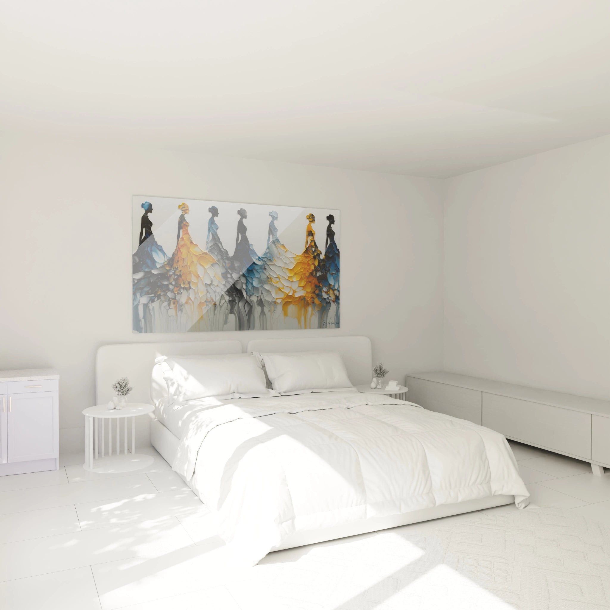 Tableau haute couture moderne de Walensky représentant des silhouettes élégantes sur fond coloré