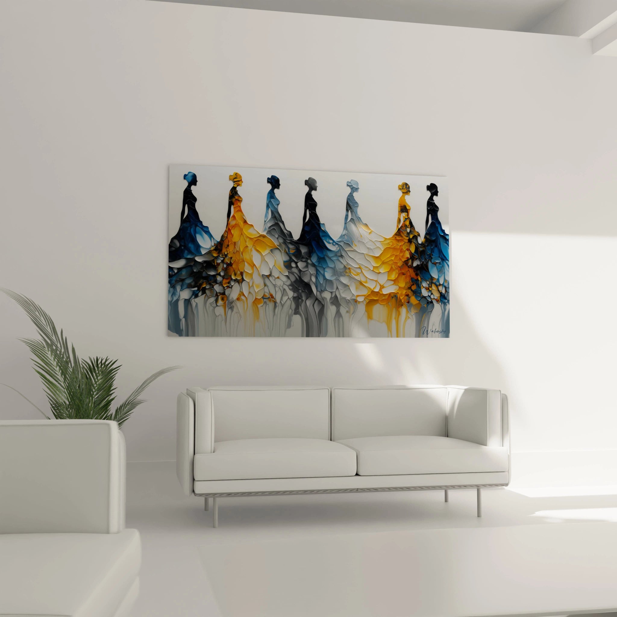 Tableau haute couture moderne représentant des silhouettes de mode colorées sur un fond élégant