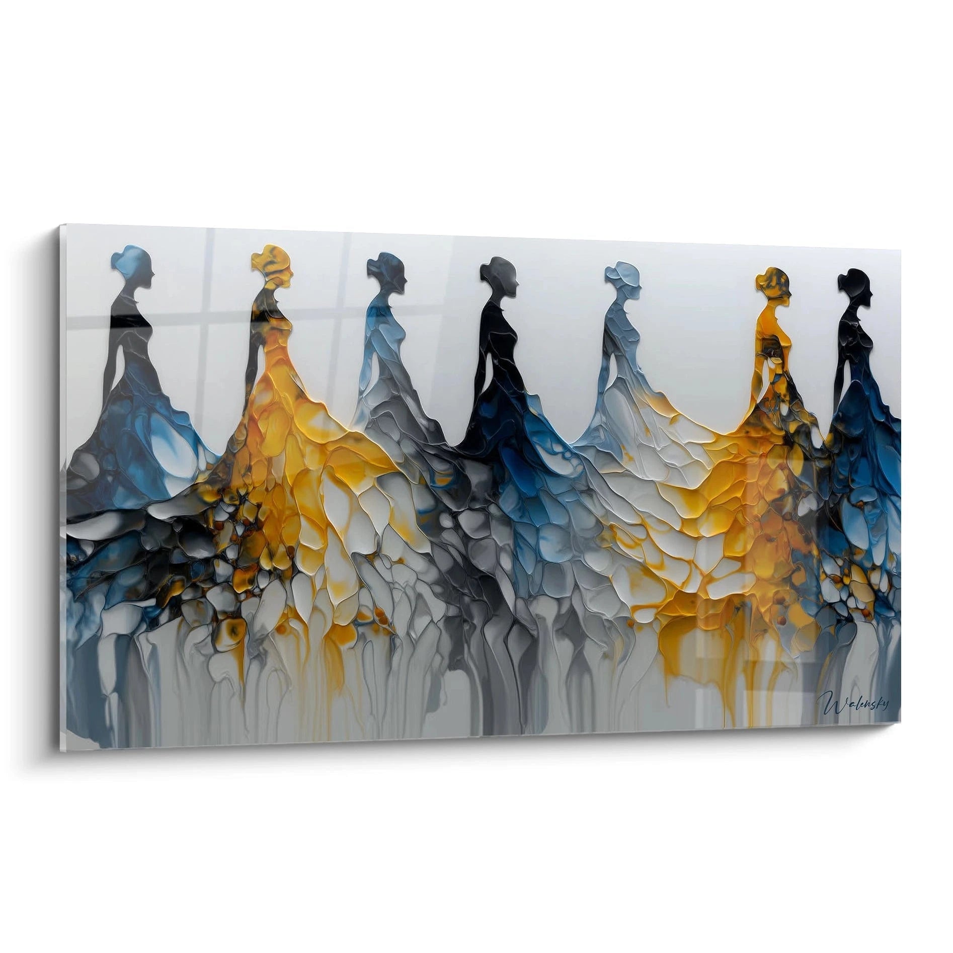 Tableau haute couture moderne représentant des silhouettes de robes élégantes en couleurs vibrantes