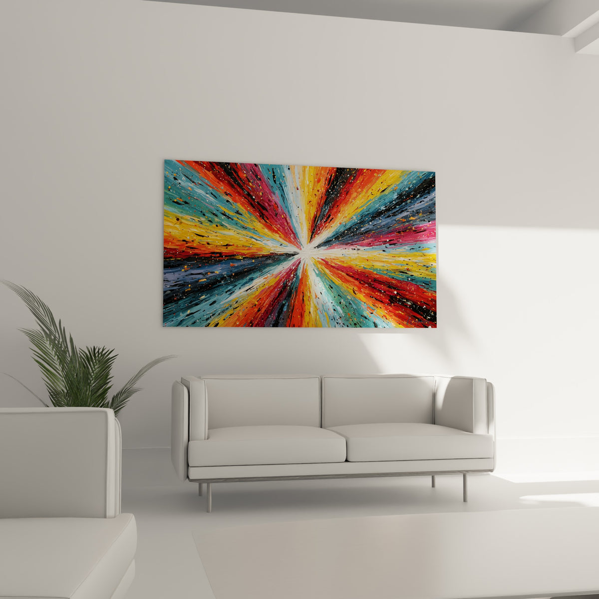 Déflagration chromatique bleu marine et rouge profond, disposée au-dessus d'un canapé dans un salon lumineux