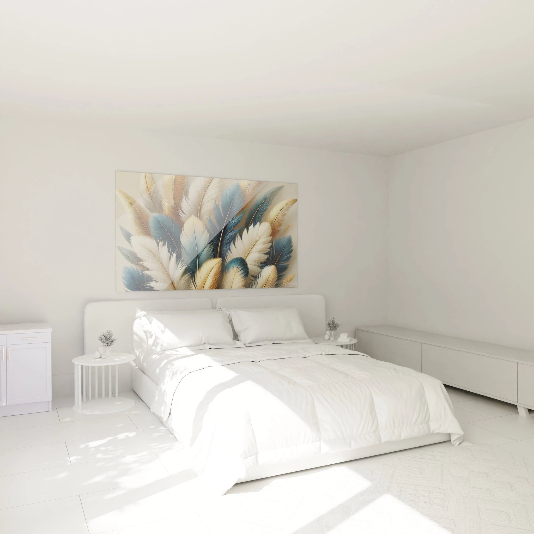 Tableau Plume accroche au mur au-dessus du lit dans une chambre apaisante. Ce tableau ajoute serenite et elegance a votre espace, invitant a la detente par ses tons doux et harmonieux.
