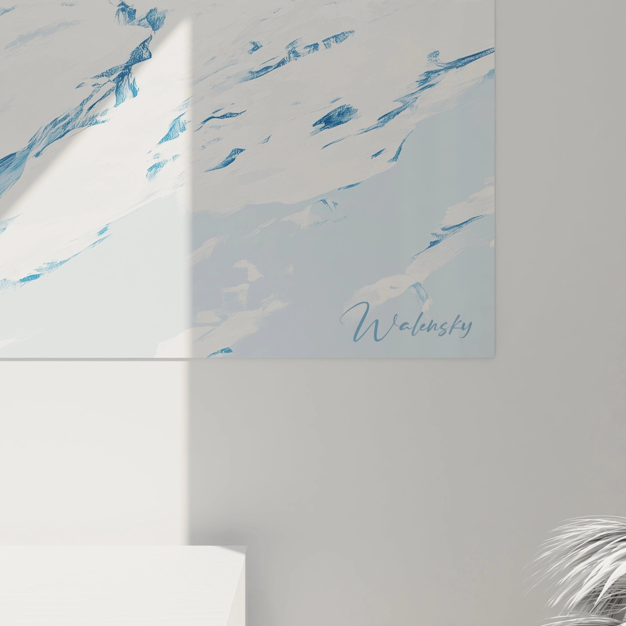 Un tableau arctique présentant une perspective aérienne d'un cours d'eau gelé entouré de glaciers blancs, où les différentes textures et nuances de bleu créent une profondeur visuelle saisissante, avec des transitions délicates entre les zones d'eau foncée et les structures glaciaires lumineuses.