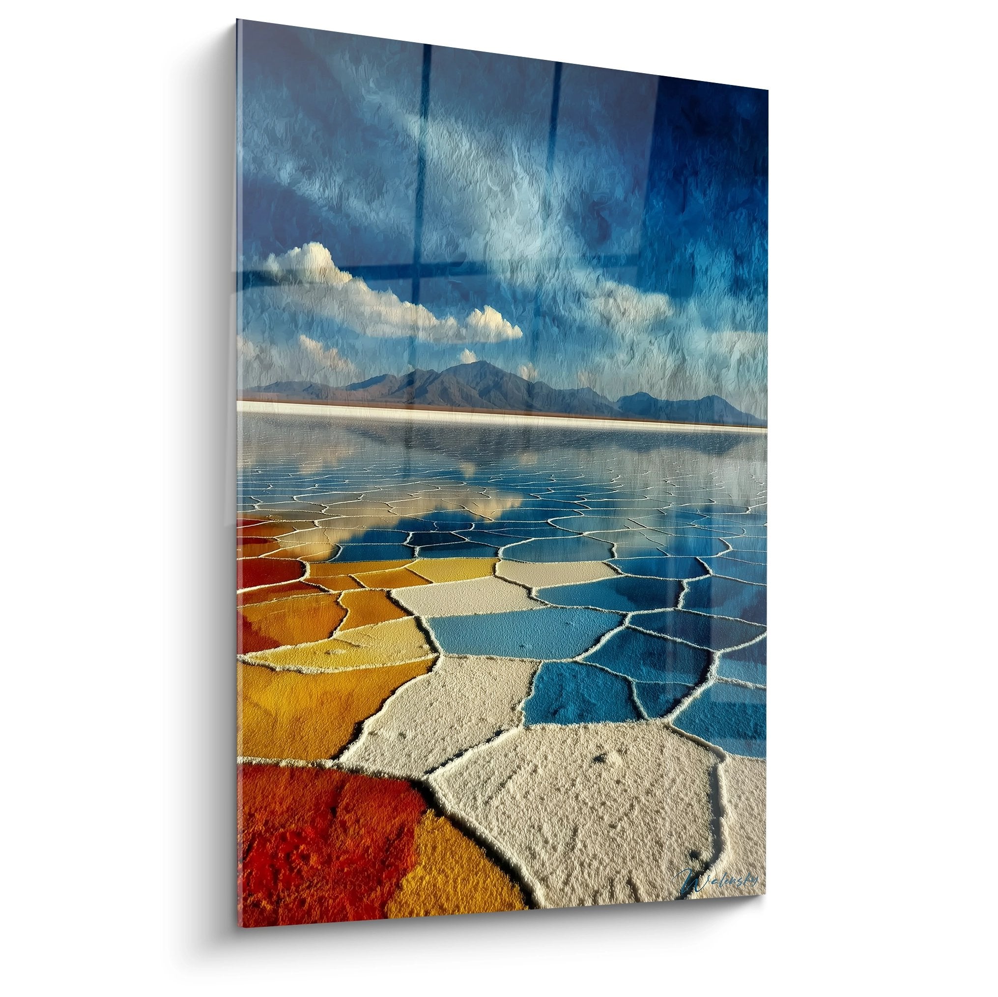 Tableau désert formations salines colorées polygones géologiques montagnes ciel dramatique