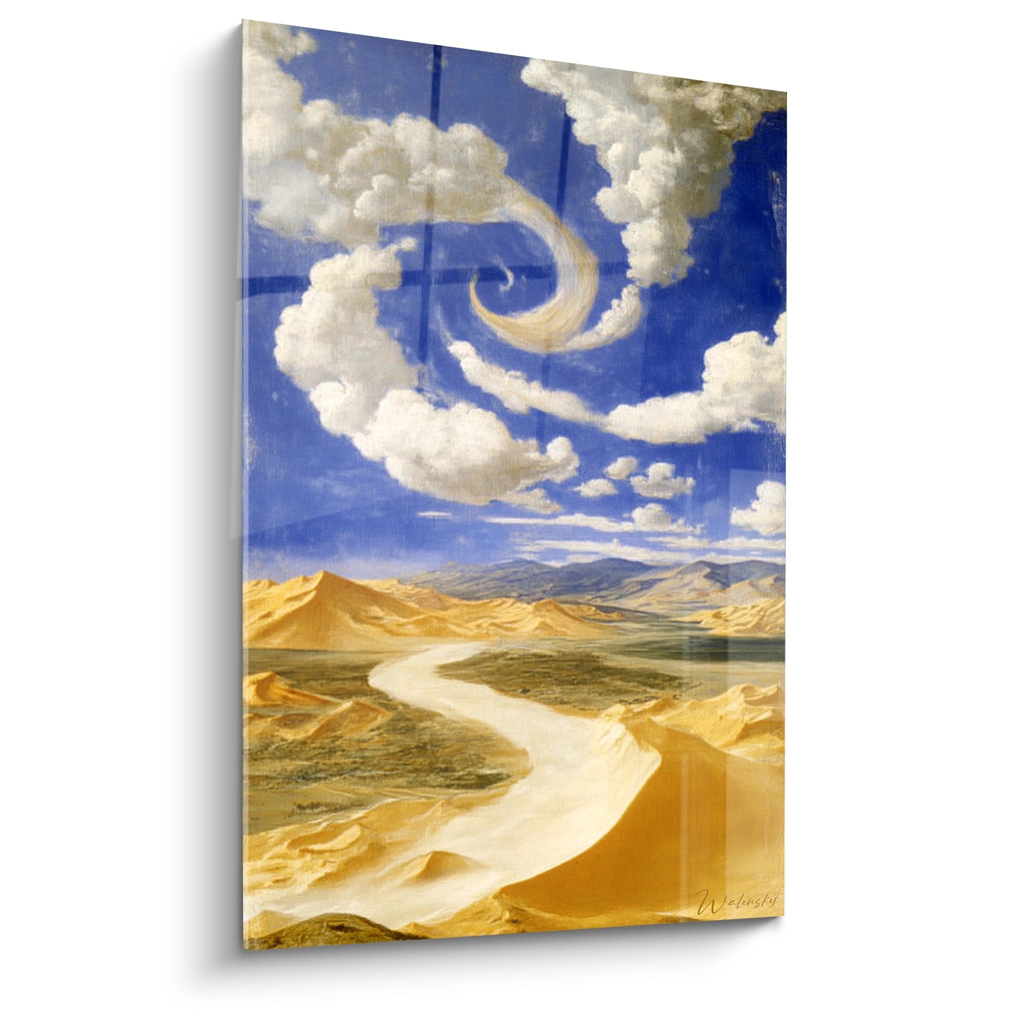 Tableau paysage désert avec spirale de nuages mystique et dunes dorées, art mural moderne