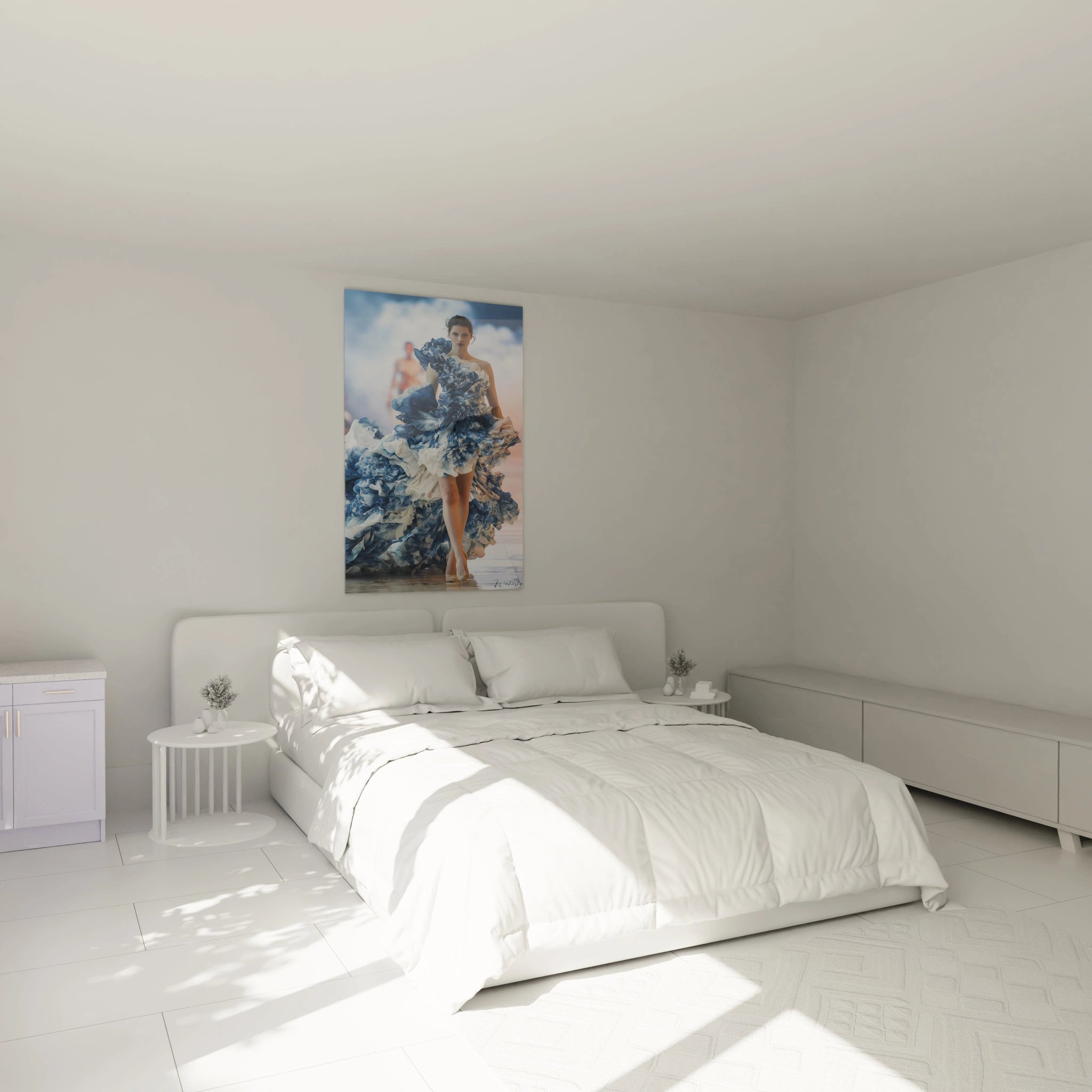 Tableau mural haute couture représentant une robe élégante dans une chambre lumineuse et moderne