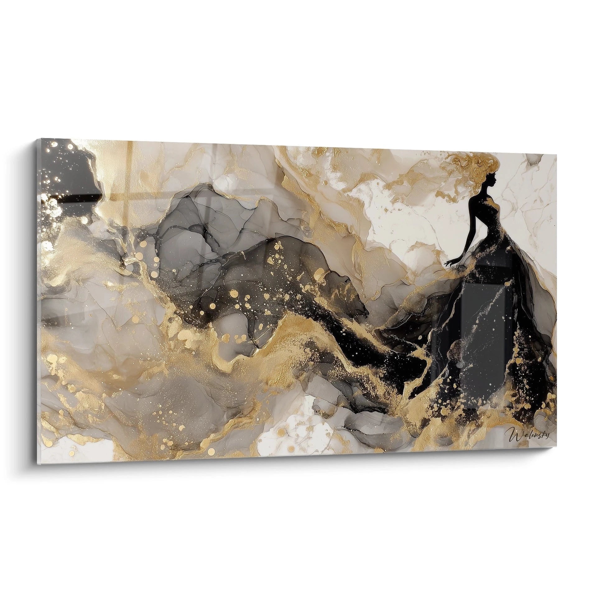 Tableau mural design haute couture avec une silhouette élégante en noir et or sur fond abstrait