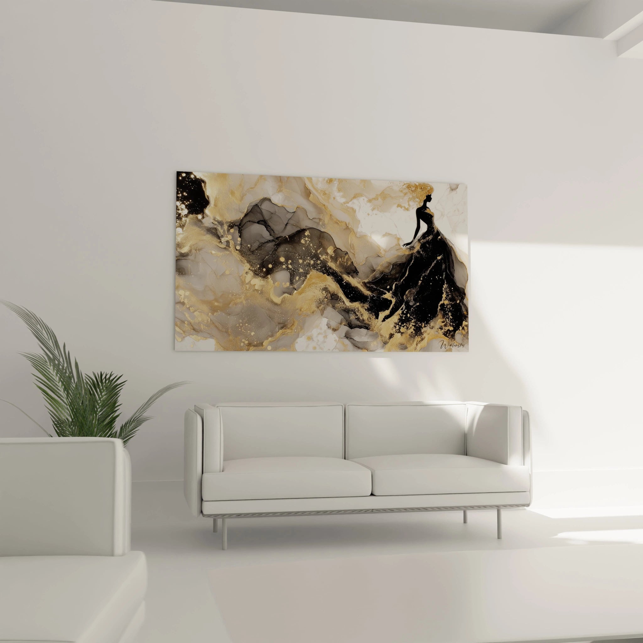 Tableau mural design haute couture avec une silhouette élégante sur fond doré et noir