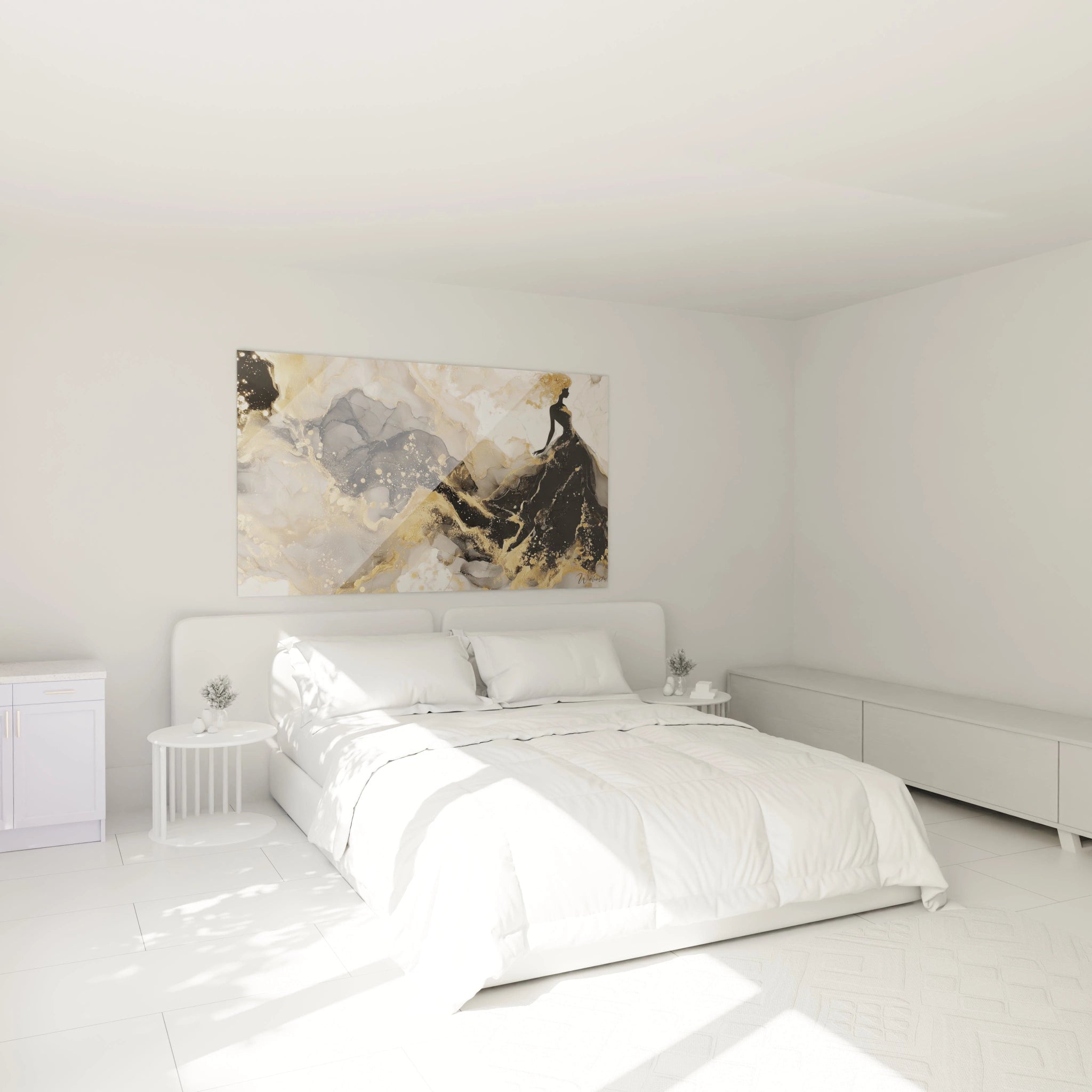 Tableau mural design haute couture avec des motifs dorés et beiges pour un décor moderne