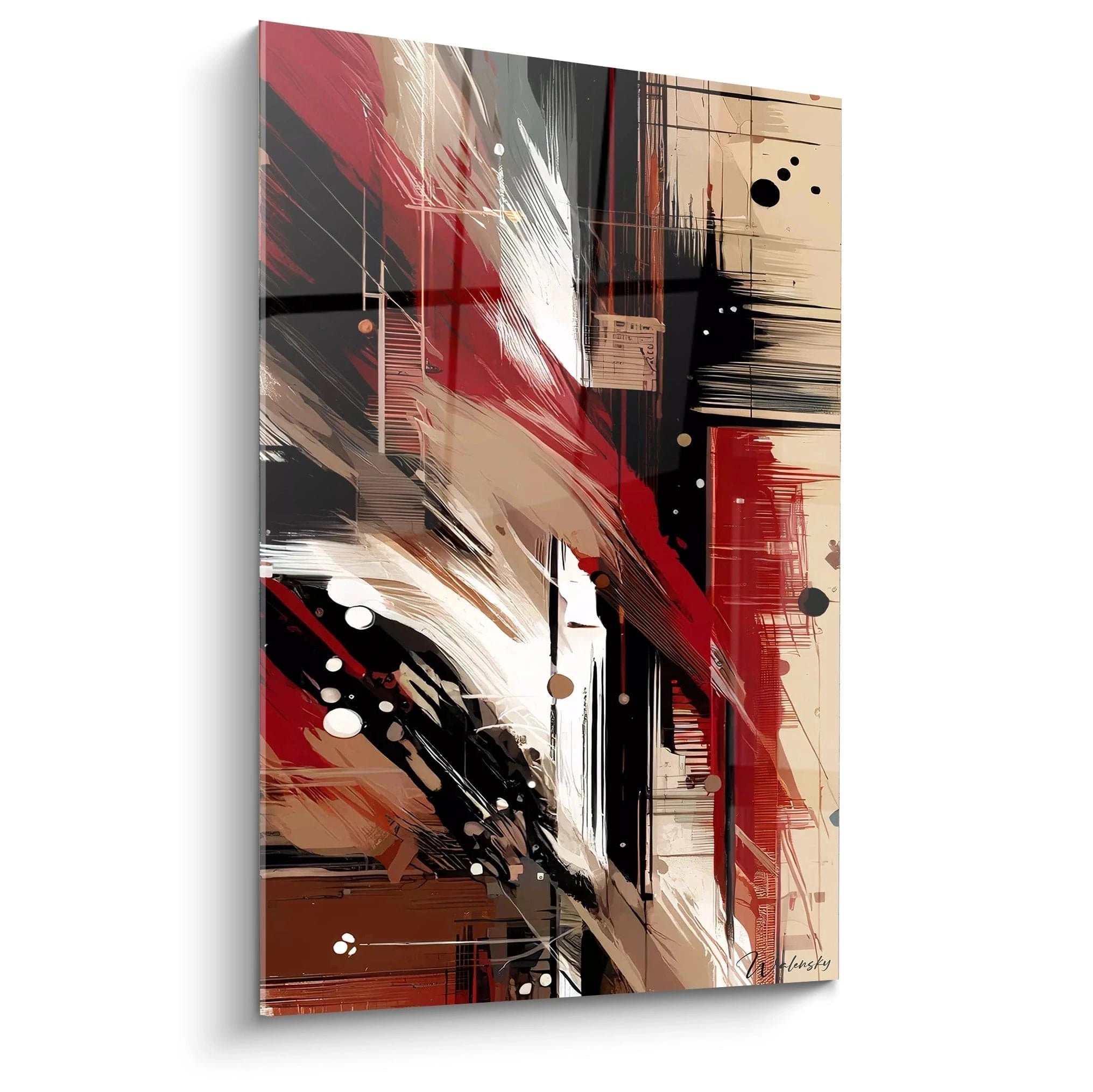 Tableau abstrait composé de coups de pinceau énergiques et de traits linéaires en rouge vif, noir, blanc et beige. Les textures sont variées avec des éclaboussures, des points circulaires et des hachures créant une composition dynamique aux lignes entrecroisées.