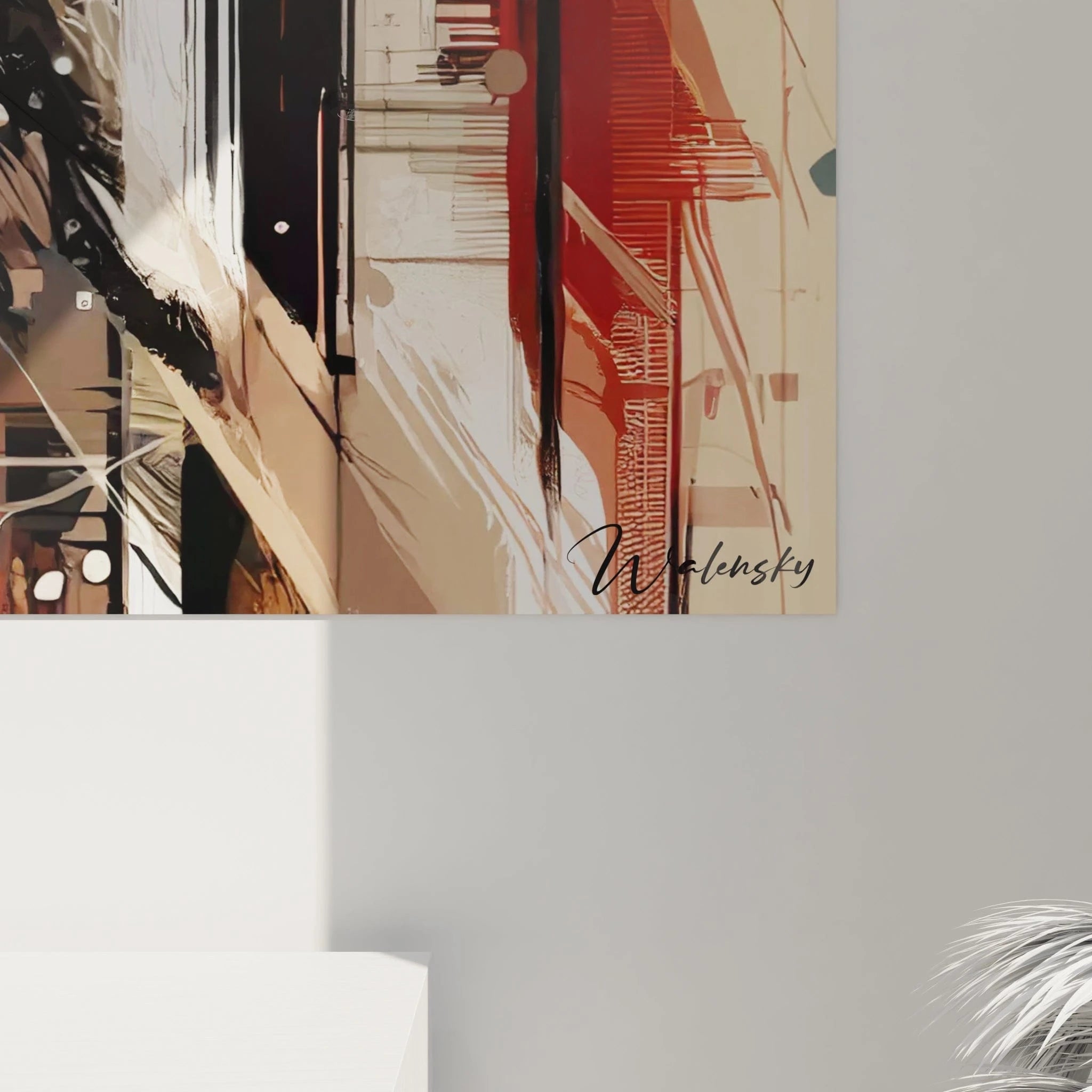 Tableau abstrait aux traits graphiques entrecroisés en rouge écarlate, noir d'encre, blanc neige et brun sable. L'œuvre présente des effets de projection, des motifs ponctuels variés et des lignes structurées créant une tension visuelle entre organisation et spontanéité.