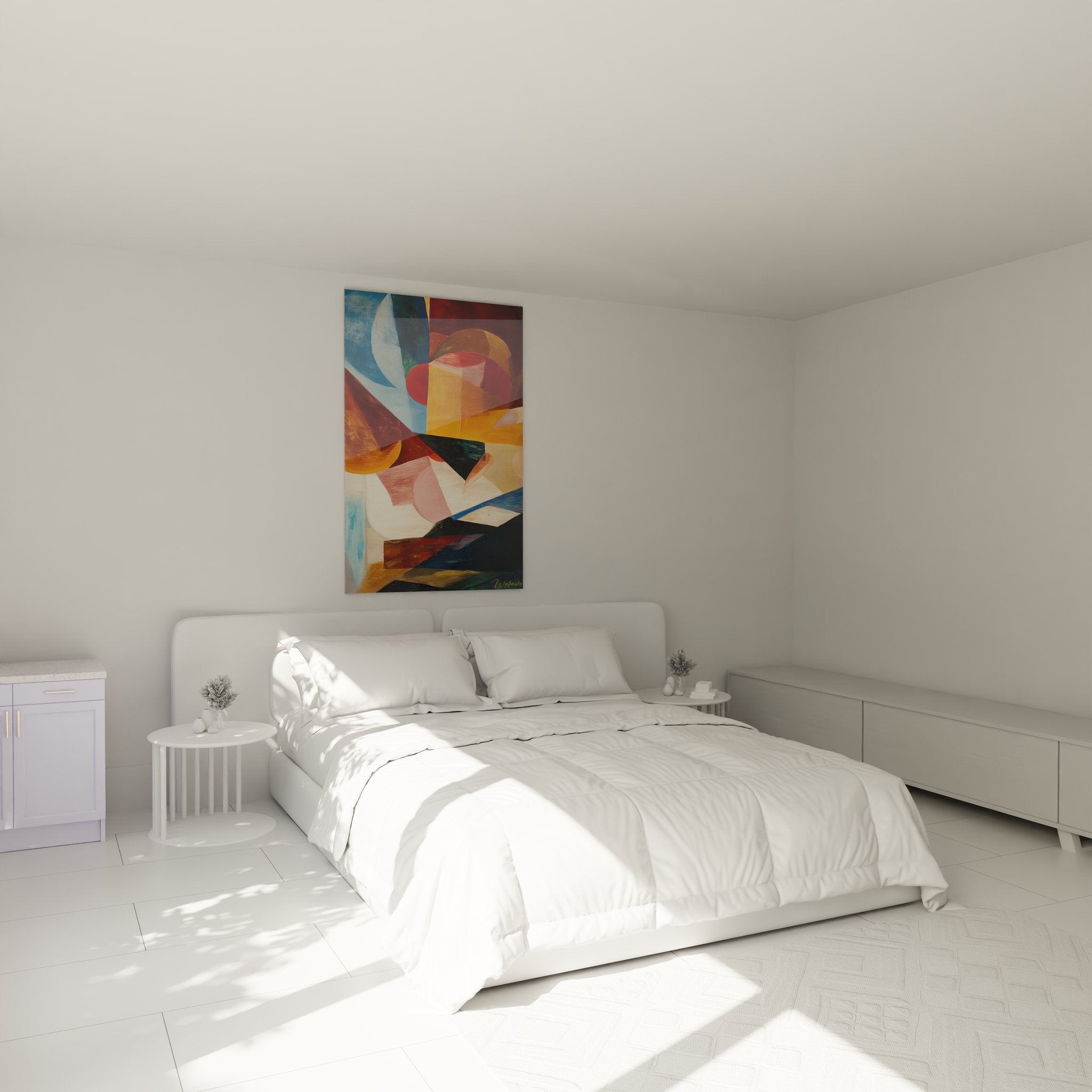 Ambiance chambre avec tableau dessin abstrait géométrique coloré accroché au mur