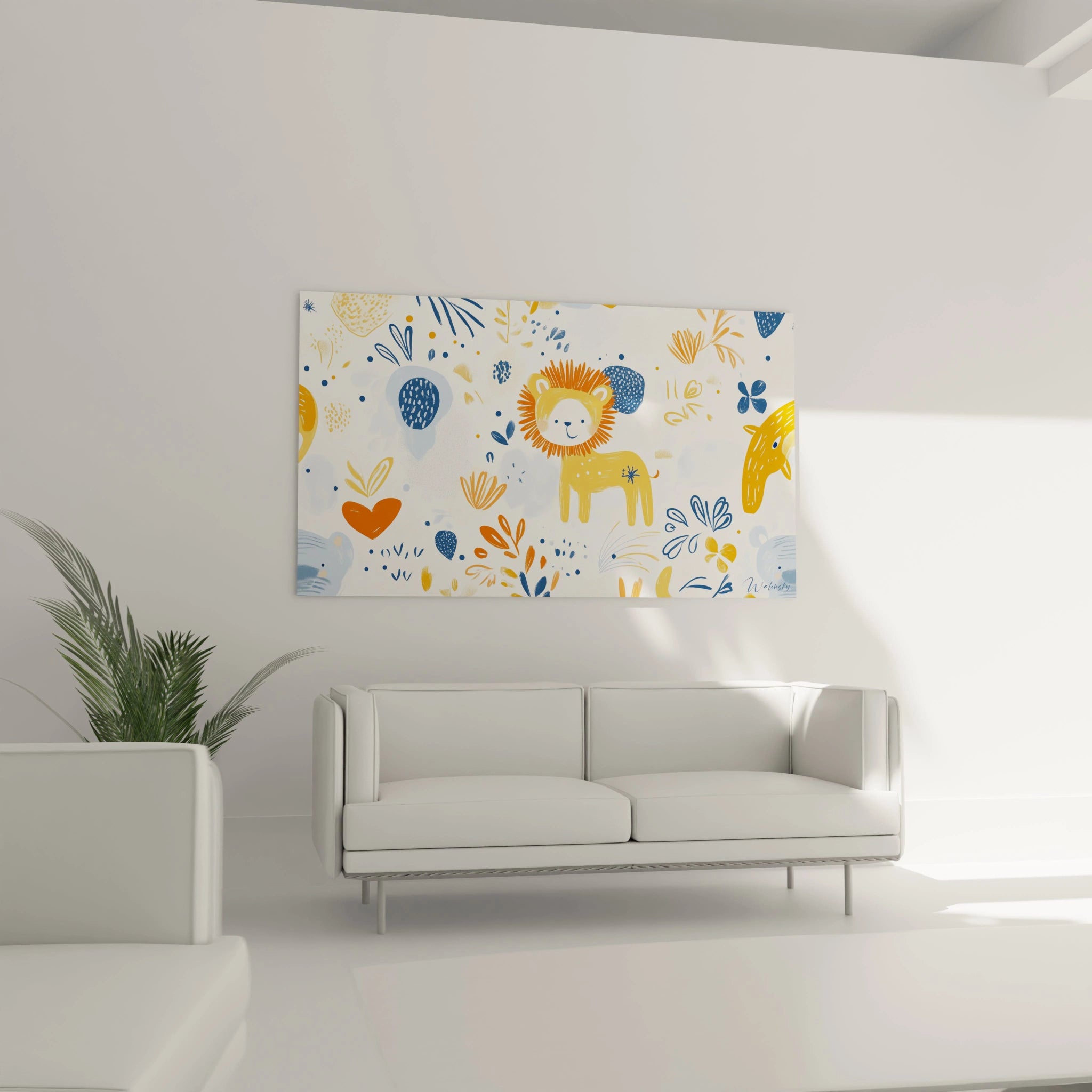 Un tableau dessin pour enfant représentant une composition d’animaux et de plantes, en jaune, orange et bleu, avec des textures légères, des motifs graphiques et un fond ponctué de formes géométriques.
