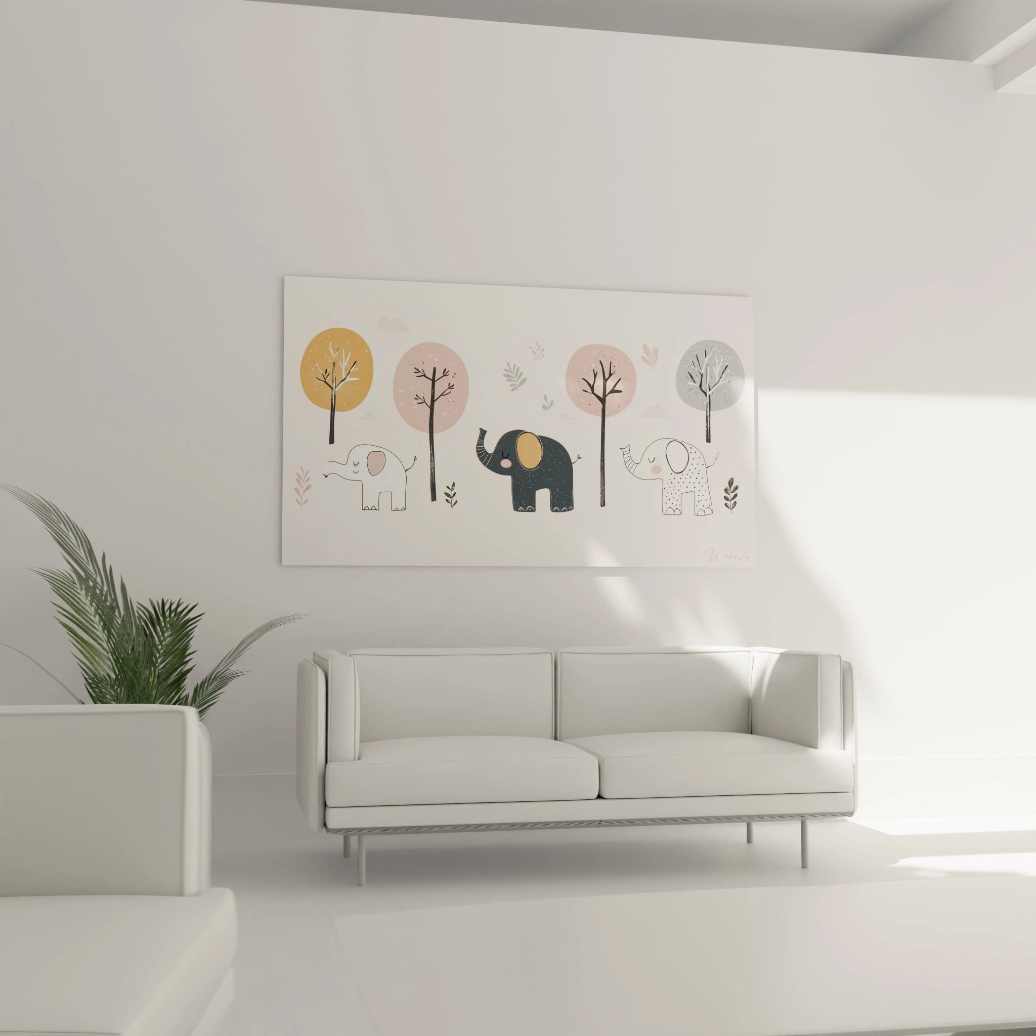 Un tableau dessin pour enfant montrant des éléphants en noir et blanc et un foncé, évoluant entre des arbres aux formes circulaires. Palette en beige, orange et gris, avec un fond épuré.