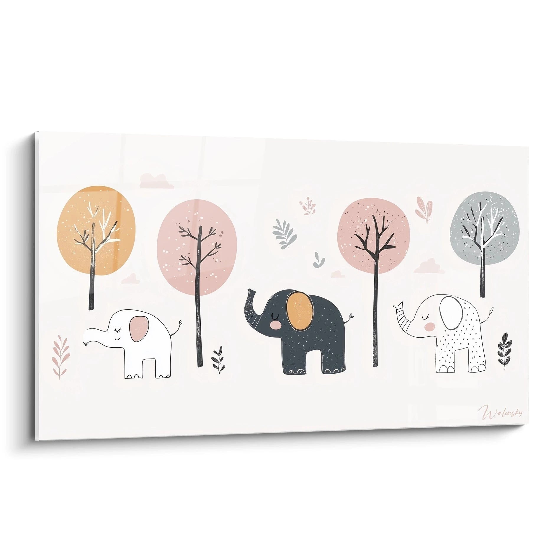 Un tableau dessin pour enfant illustrant trois éléphants stylisés entourés d’arbres ronds. Les teintes dominantes sont beige, orange et gris, avec des textures ponctuées et des traits fins.