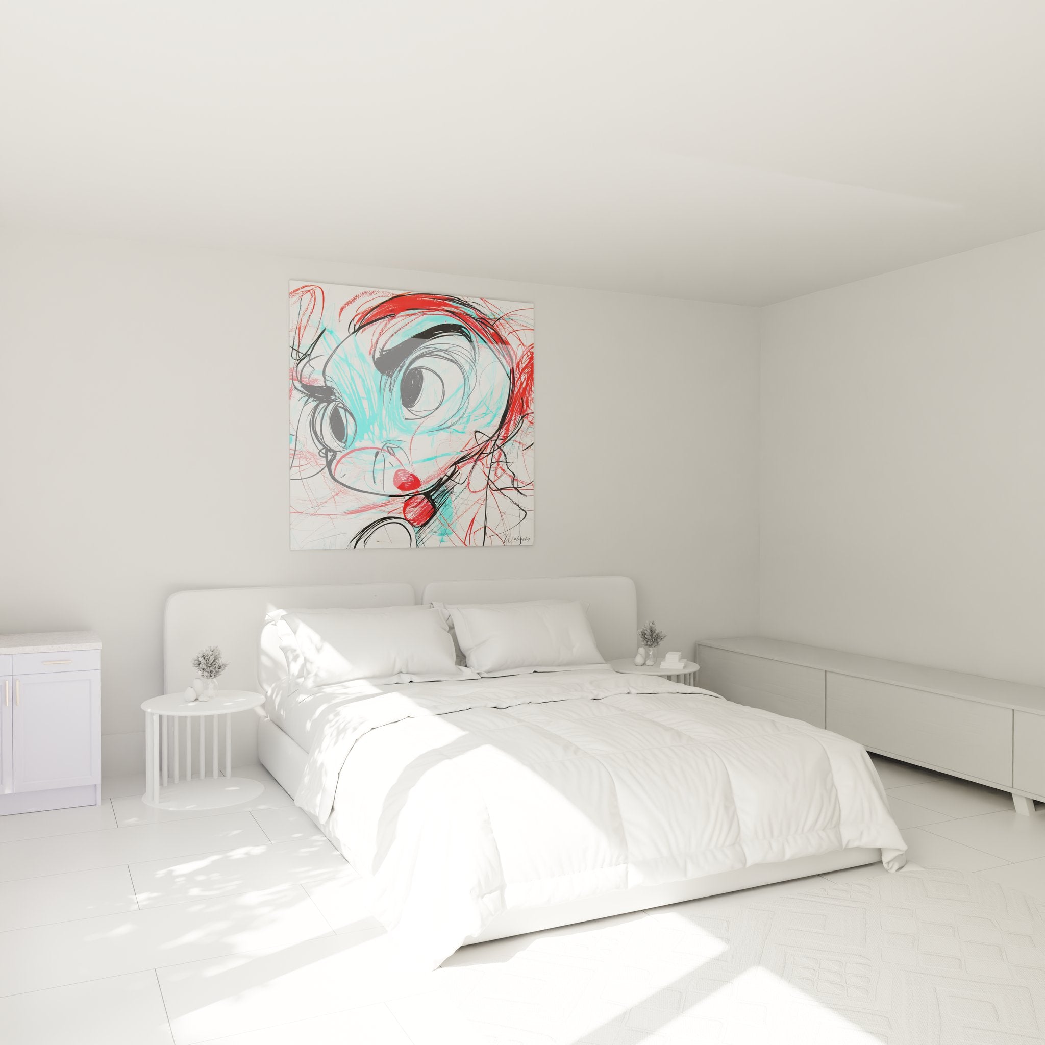 Tableau dessin visage expressif décorant une chambre moderne avec couleurs vives