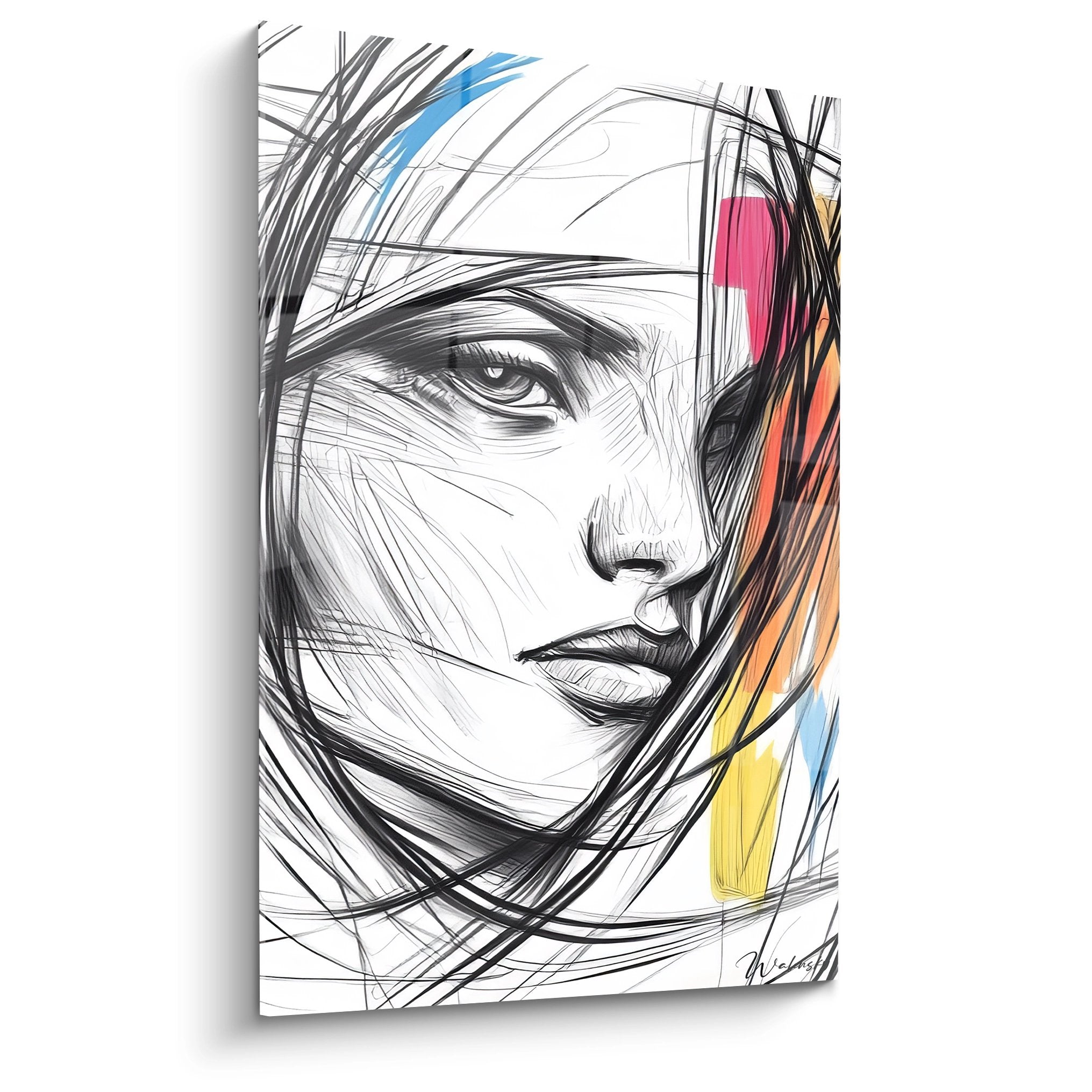 Tableau dessin portrait femme moderne aux traits expressifs avec touches de couleurs rose orange