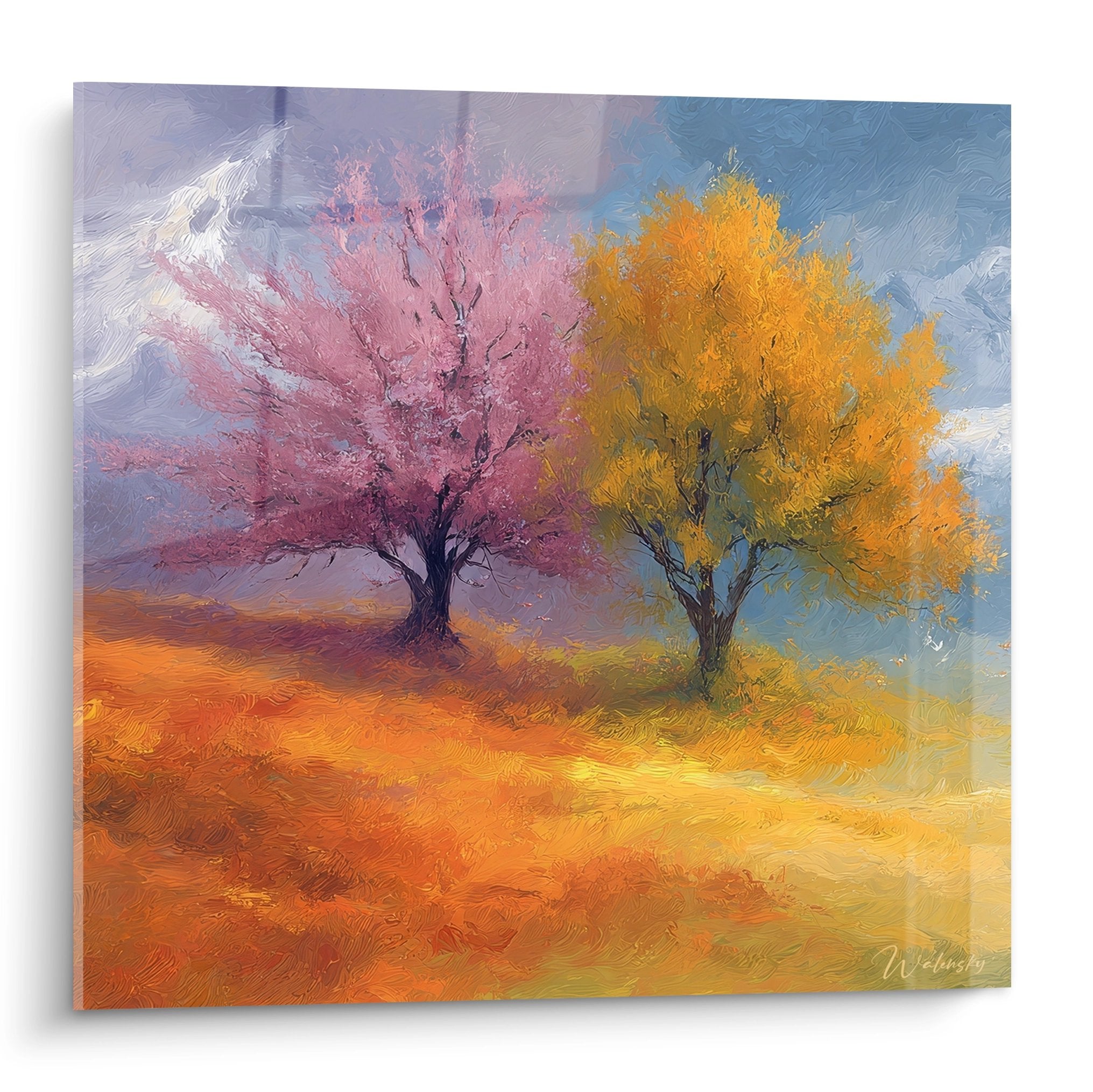 Tableau mural deux arbres automne aux couleurs rose et dorée sur paysage chaleureux