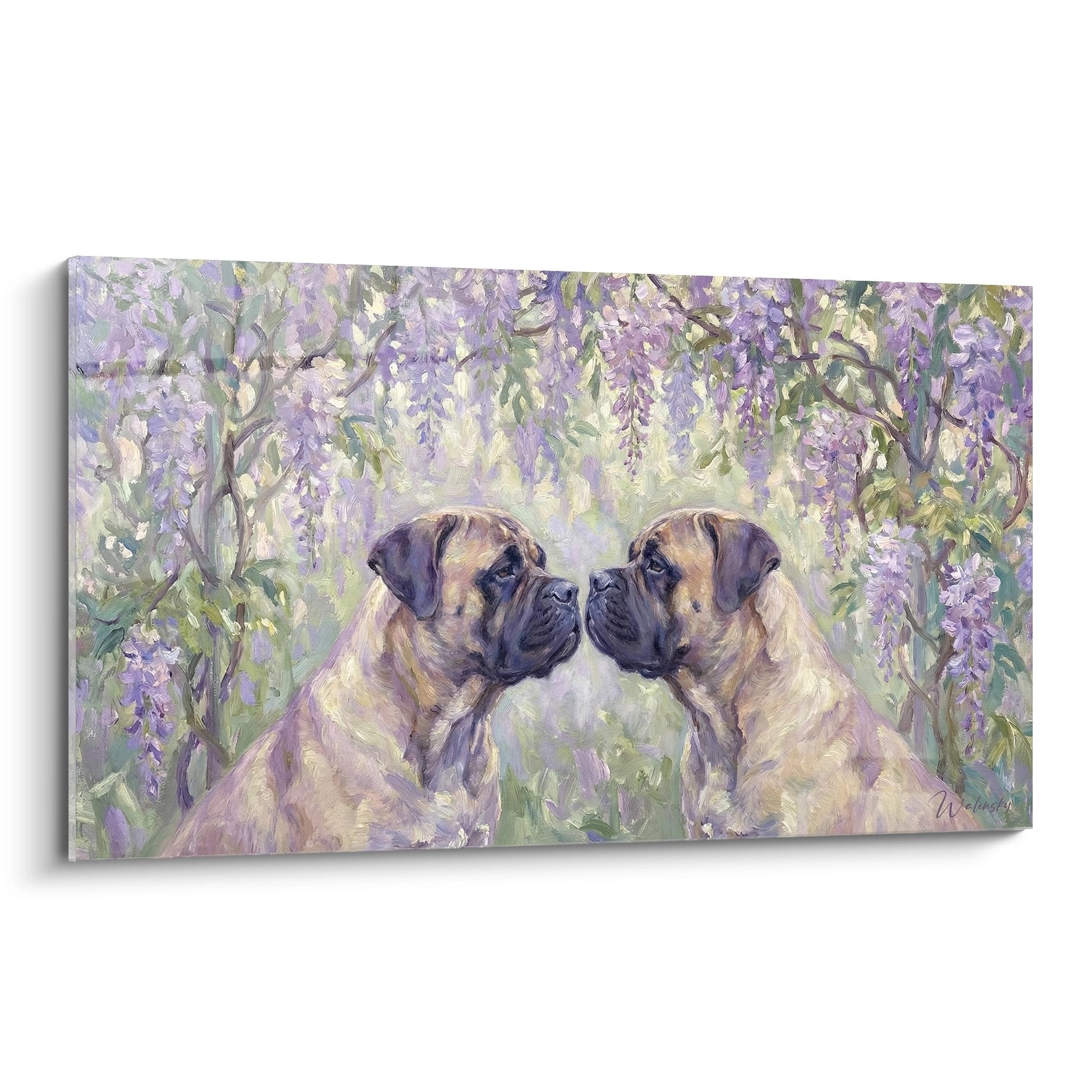 Tableau artistique représentant deux Bullmastiffs face à face sous des glycines violettes en fleurs