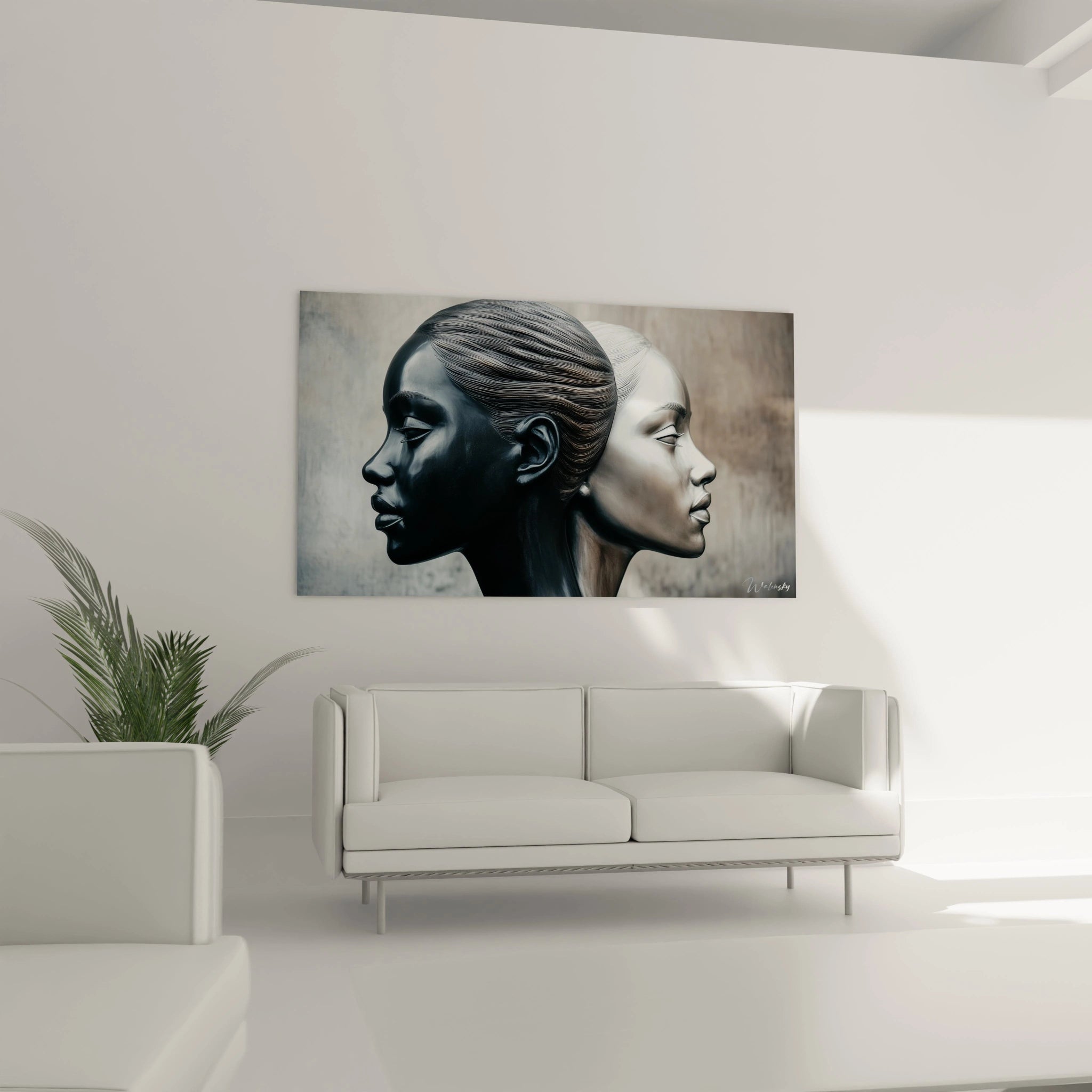 Un tableau surréalisme abstrait avec deux têtes sculptées, l’une noire et l’autre argentée, sur un fond gris doux et des lignes fines définissant chaque profil.