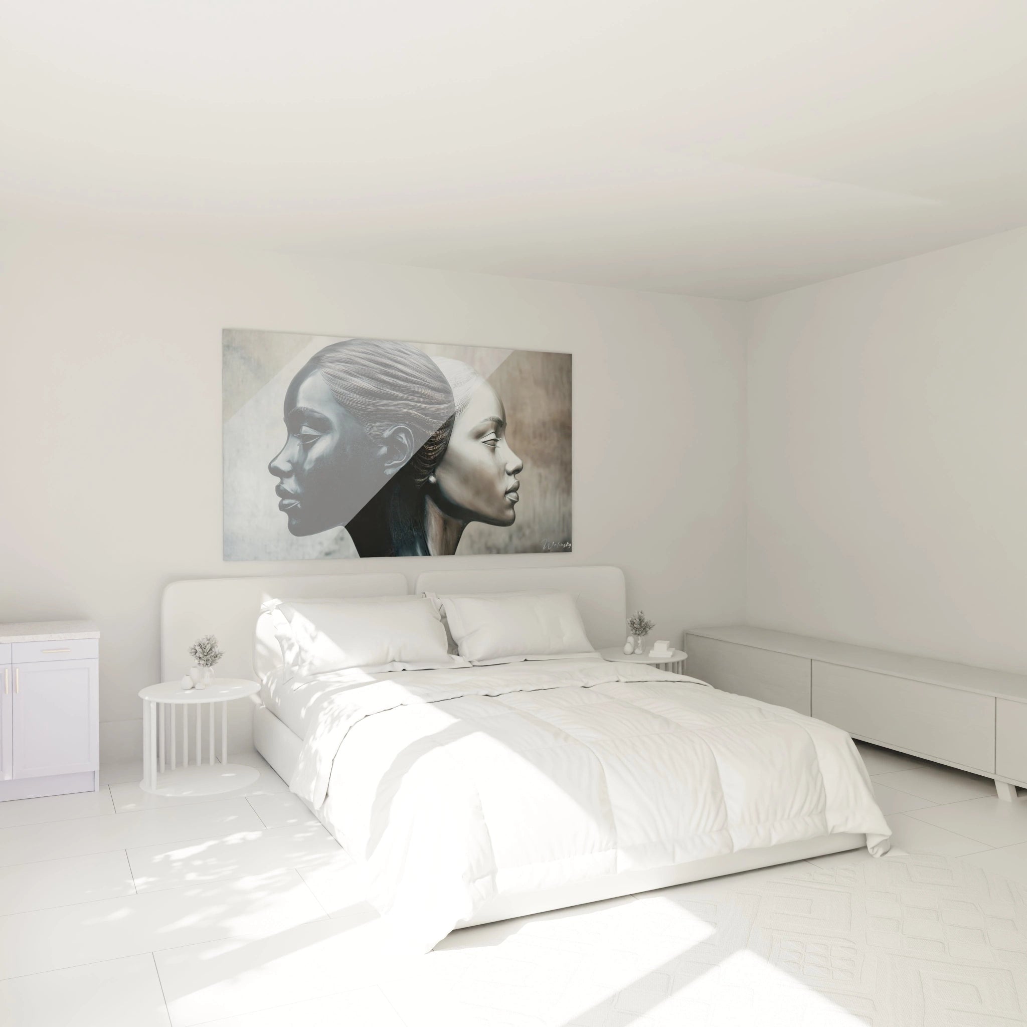 Deux visages en contraste noir et argent, alignés en opposition, dans un tableau surréalisme abstrait aux textures détaillées et au fond gris clair.