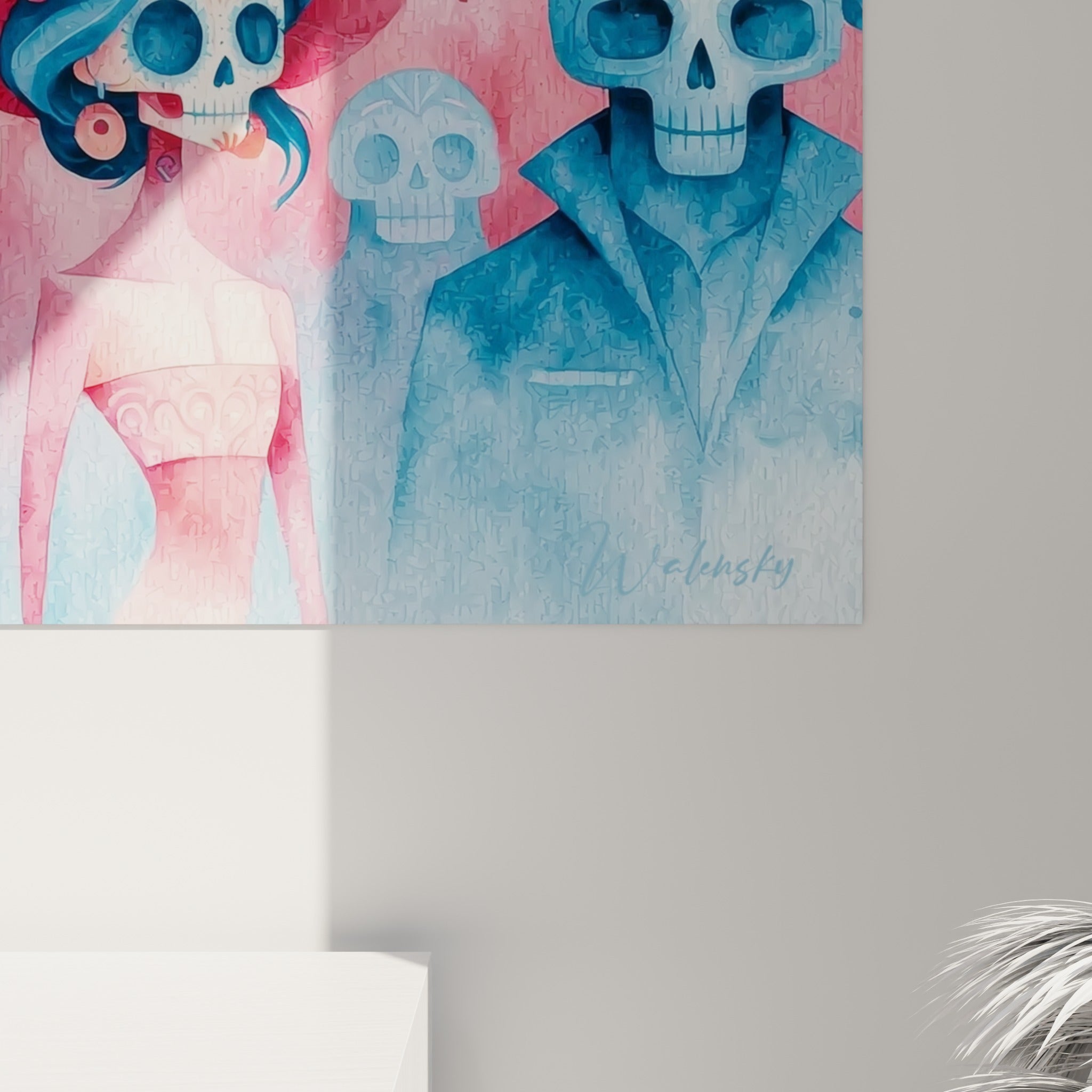 Grain aquarelle du Dia de los Muertos révélant coulures roses et bleu poudré sur la toile accrochée