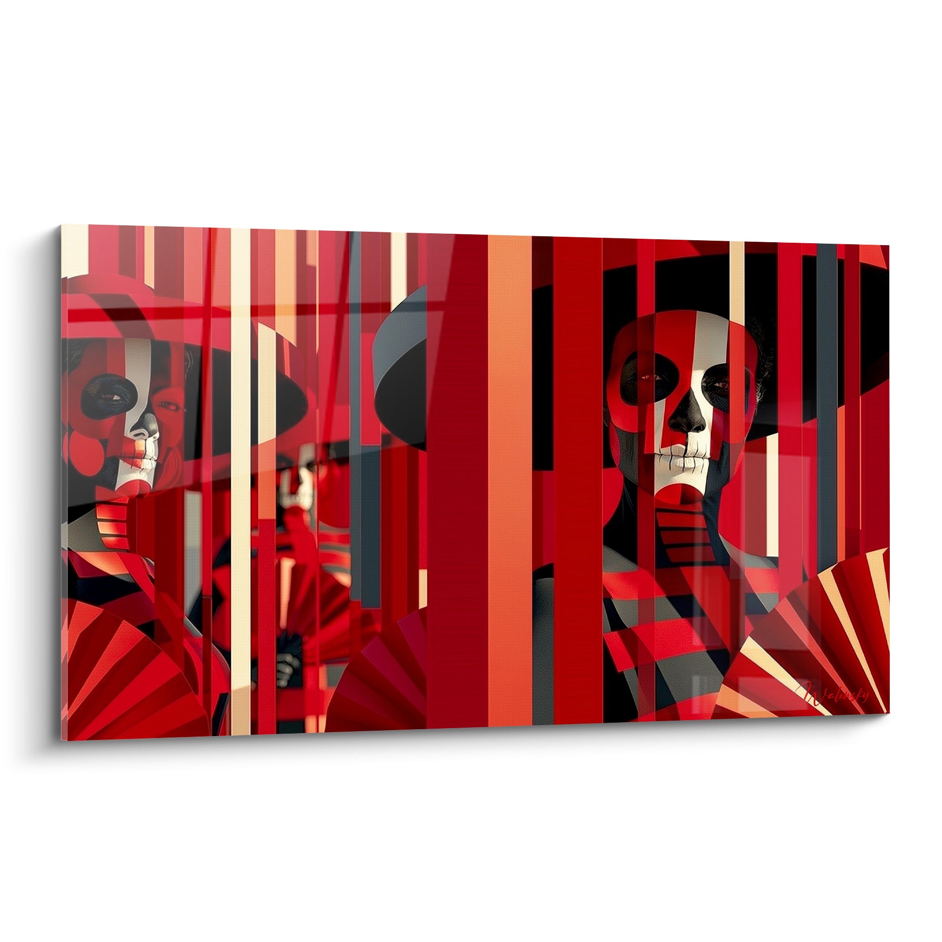 Visages en calaveras rouge terracotta et anthracite, fragmentés par des bandes verticales sur ce tableau Dia de los Muertos