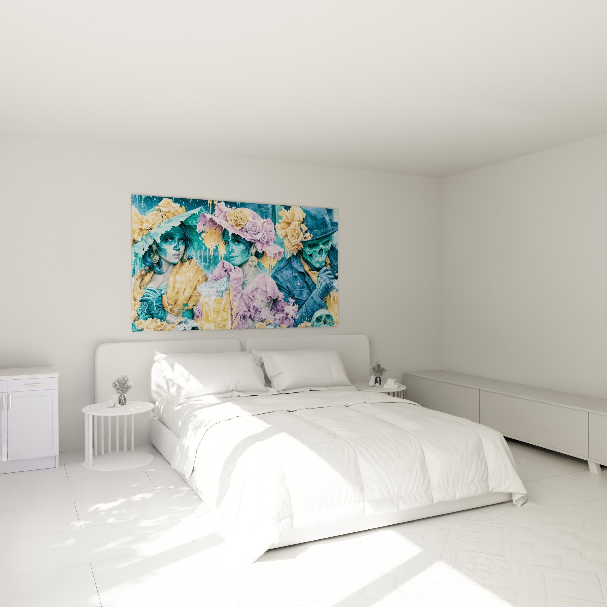 Personnages Dia de los Muertos en bleu turquoise et doré, accrochés au-dessus d'un lit dans une chambre claire