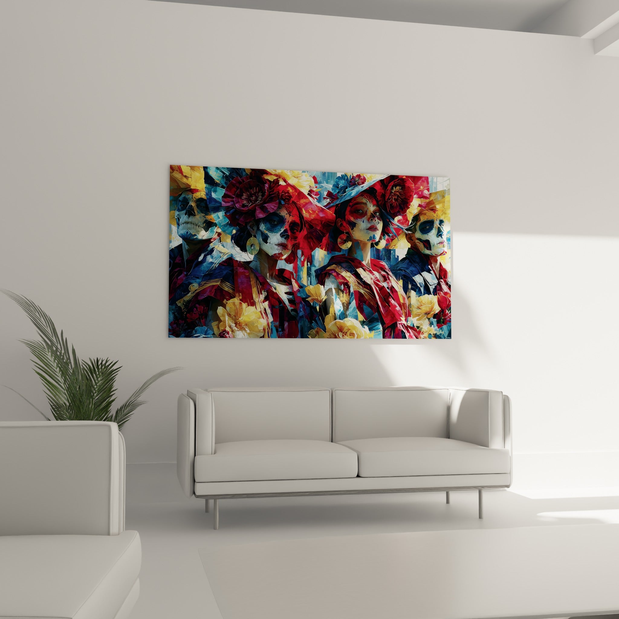Figures Dia de los Muertos au maquillage rouge et bleu marine entourées de fleurs jaunes, au-dessus d'un canapé dans un salon lumineux