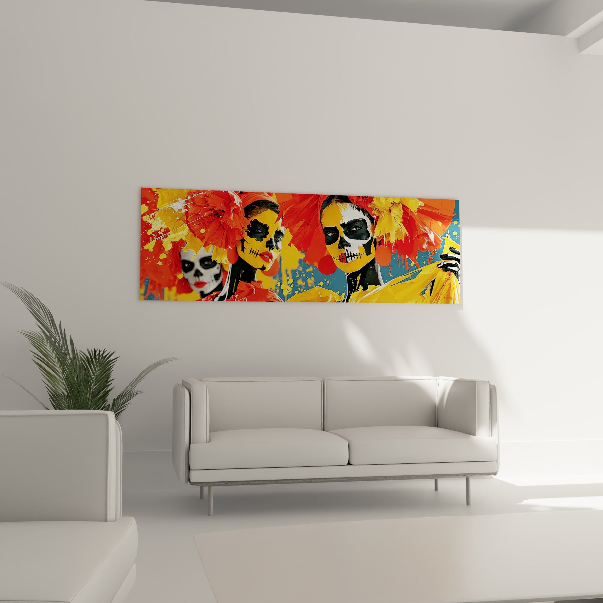 Calaveras Dia de los Muertos aux fleurs rouge et jaune, au-dessus d'un canapé dans un salon lumineux