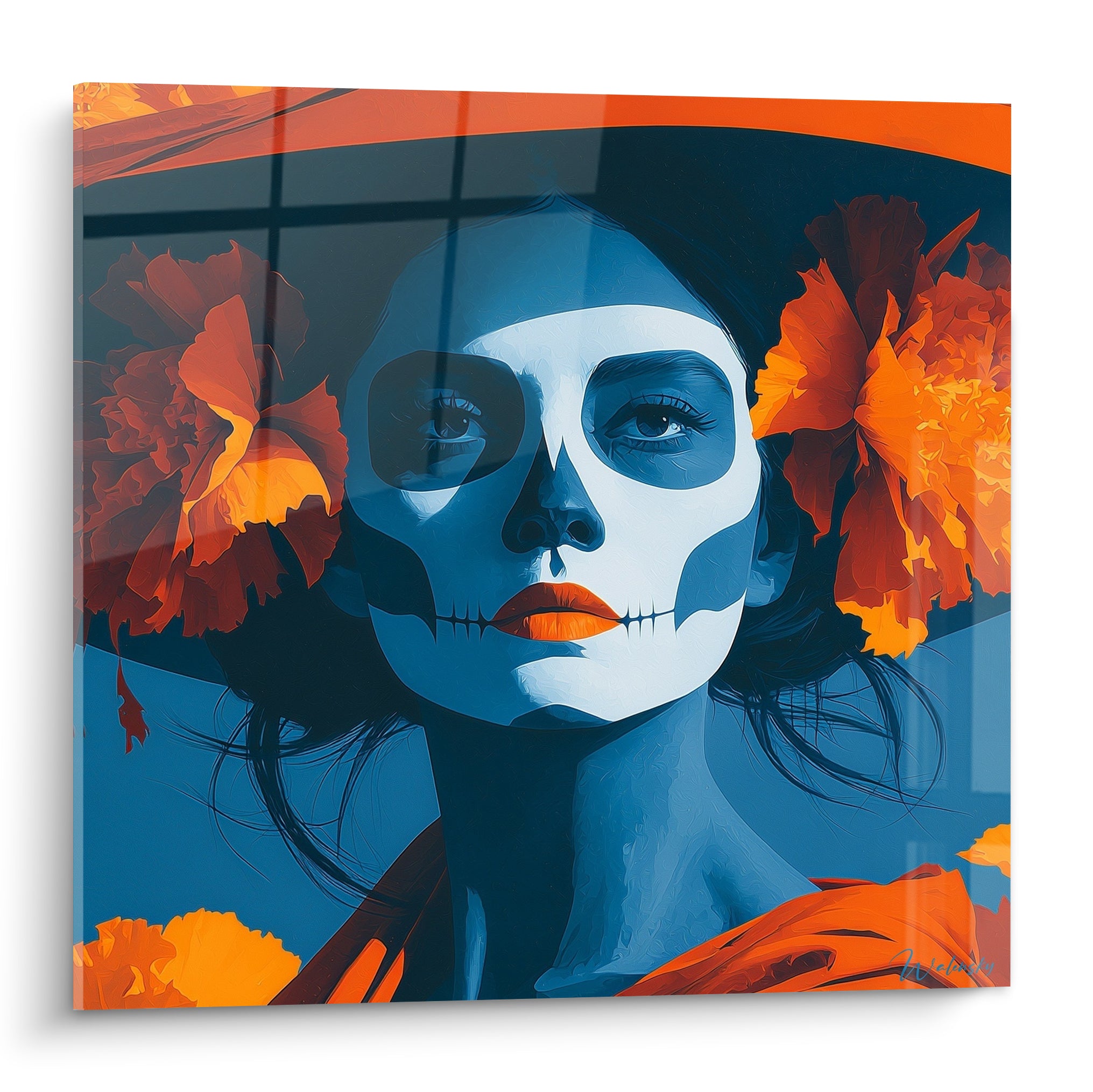 Catrina bleu marine et orange, visage peint en crâne entouré de fleurs vibrantes, style graphique intense