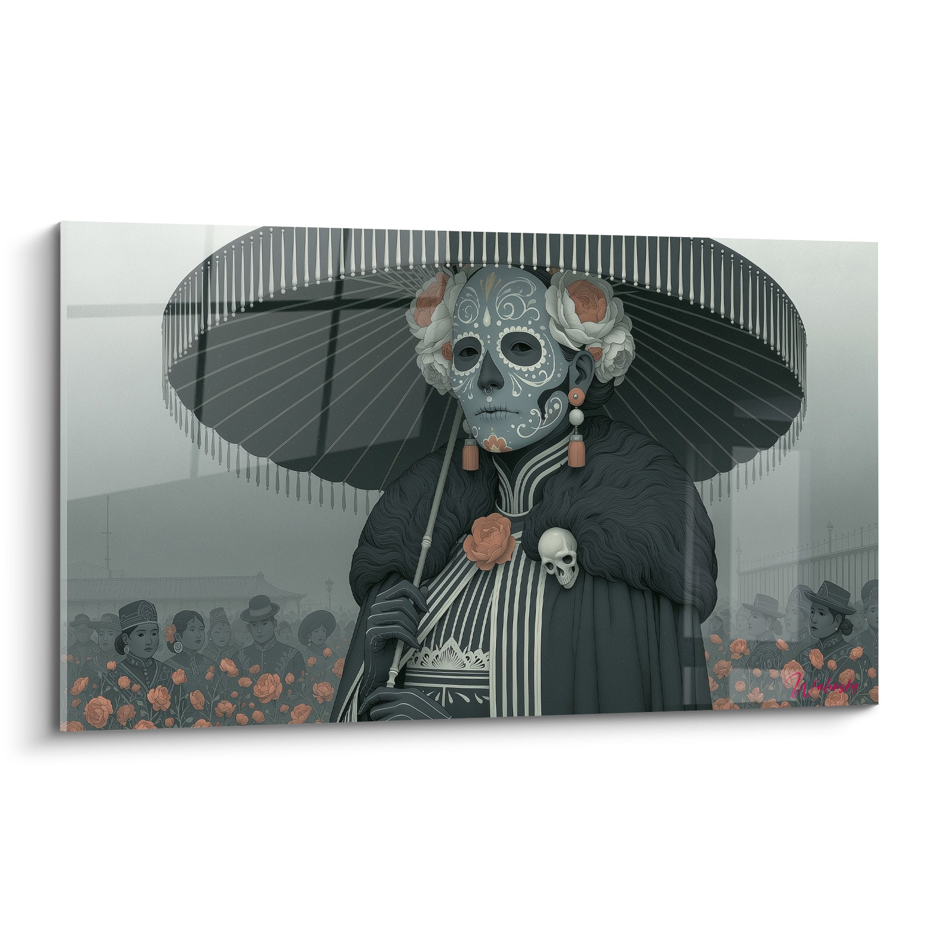Catrina masquée au chapeau anthracite, roses corail et crâne blanc, tableau Dia de los Muertos