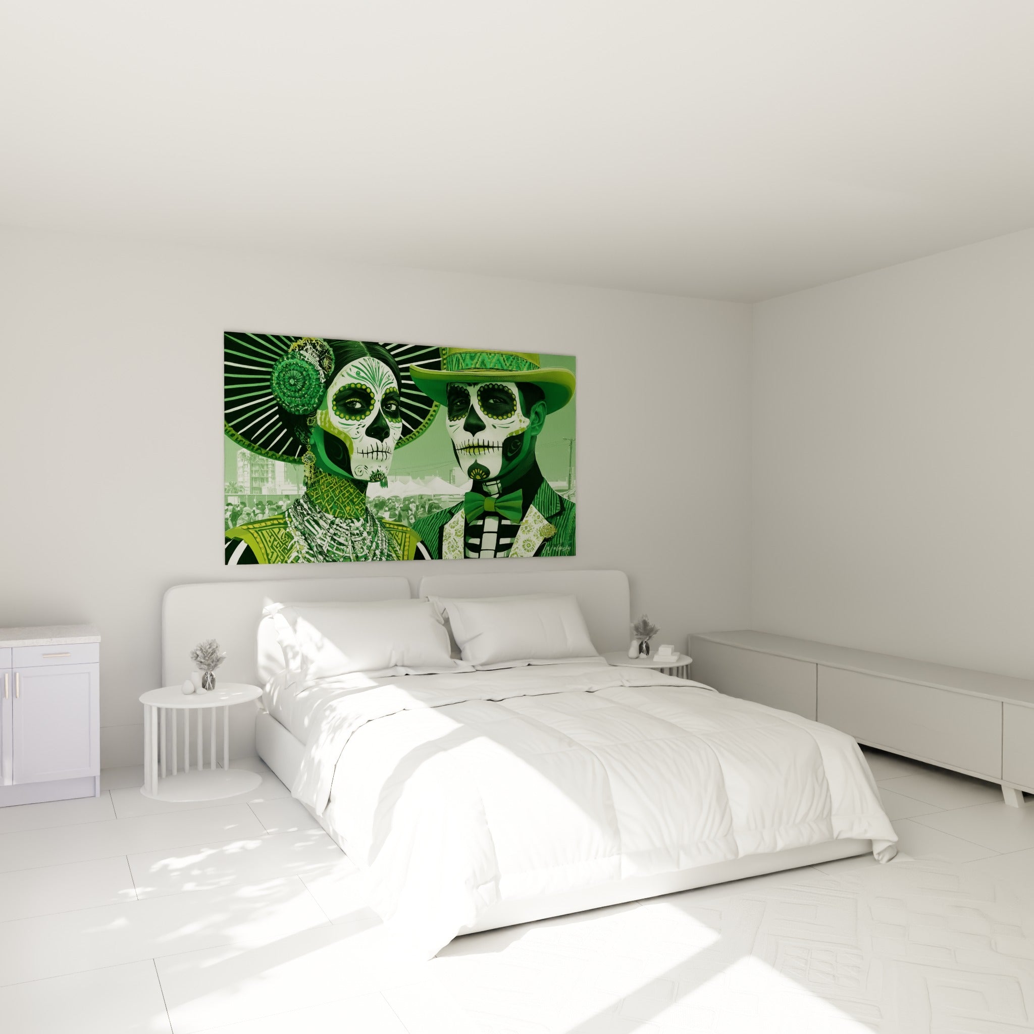 Visages peints vert forêt et blanc du couple Dia de los Muertos, au-dessus d'un lit dans une chambre claire