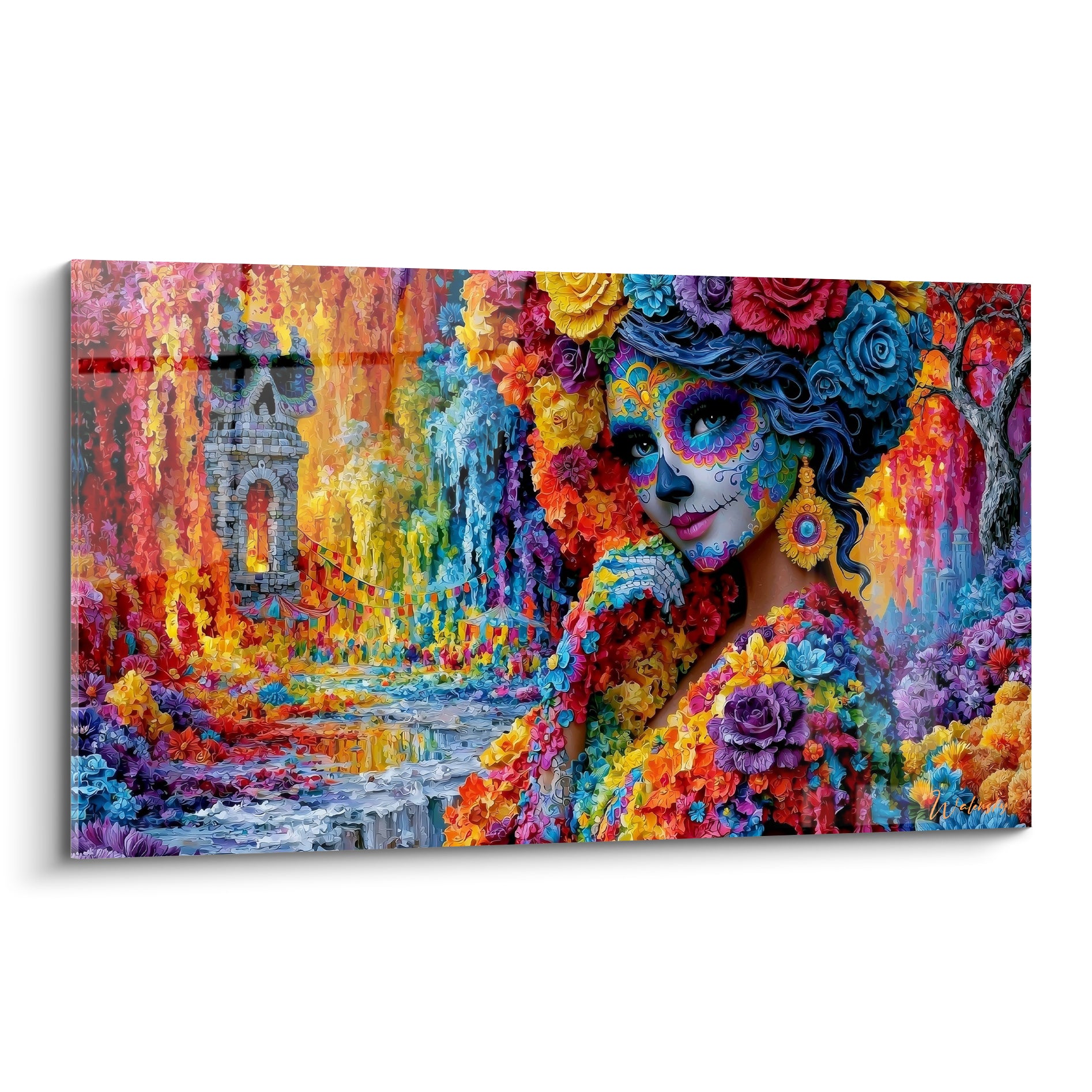 Catrina fleurie aux mèches bleues et roses orange, visage peint façon aquarelle épaisse