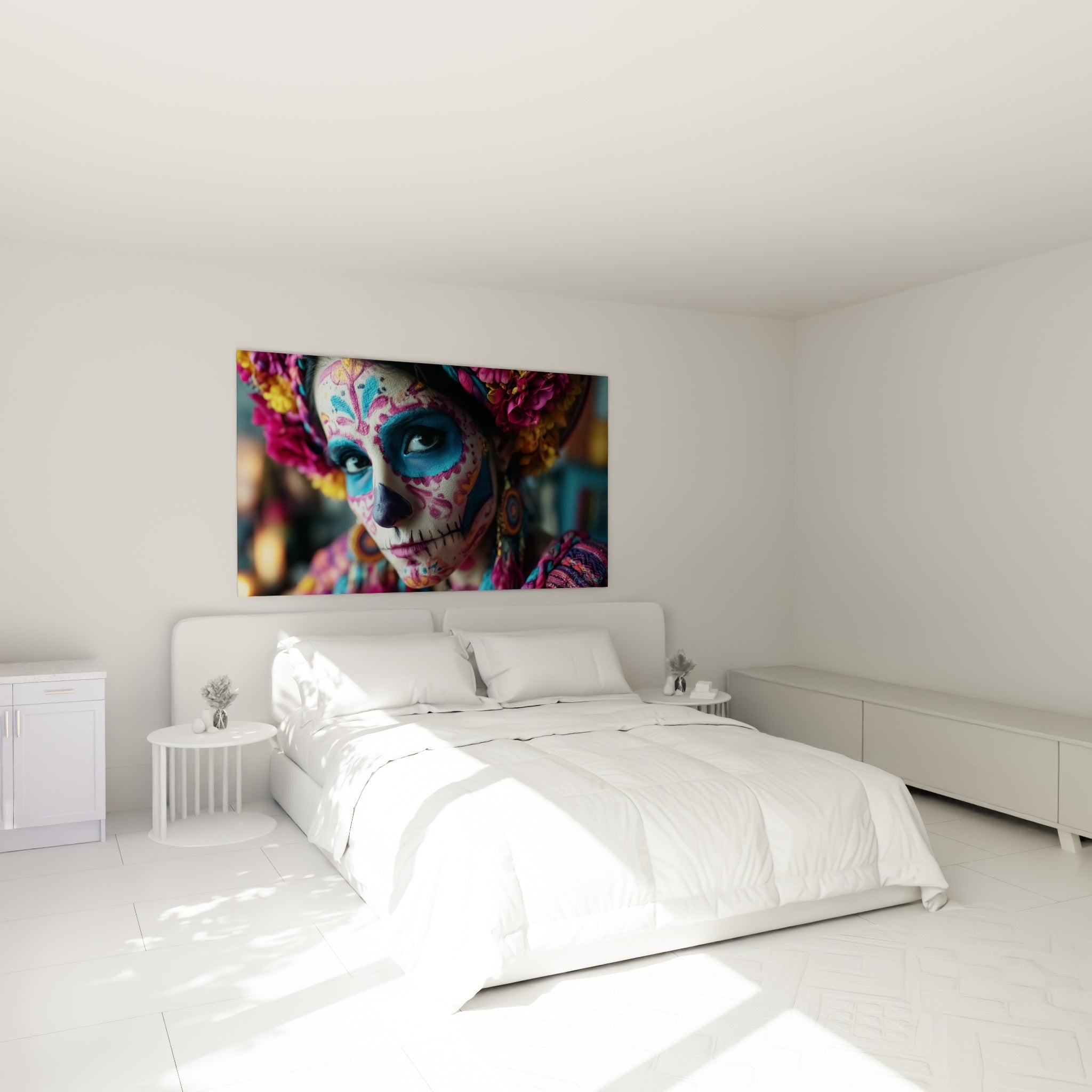 Catrina fleurie rose et bleu turquoise accrochée au-dessus d'un lit dans une chambre claire