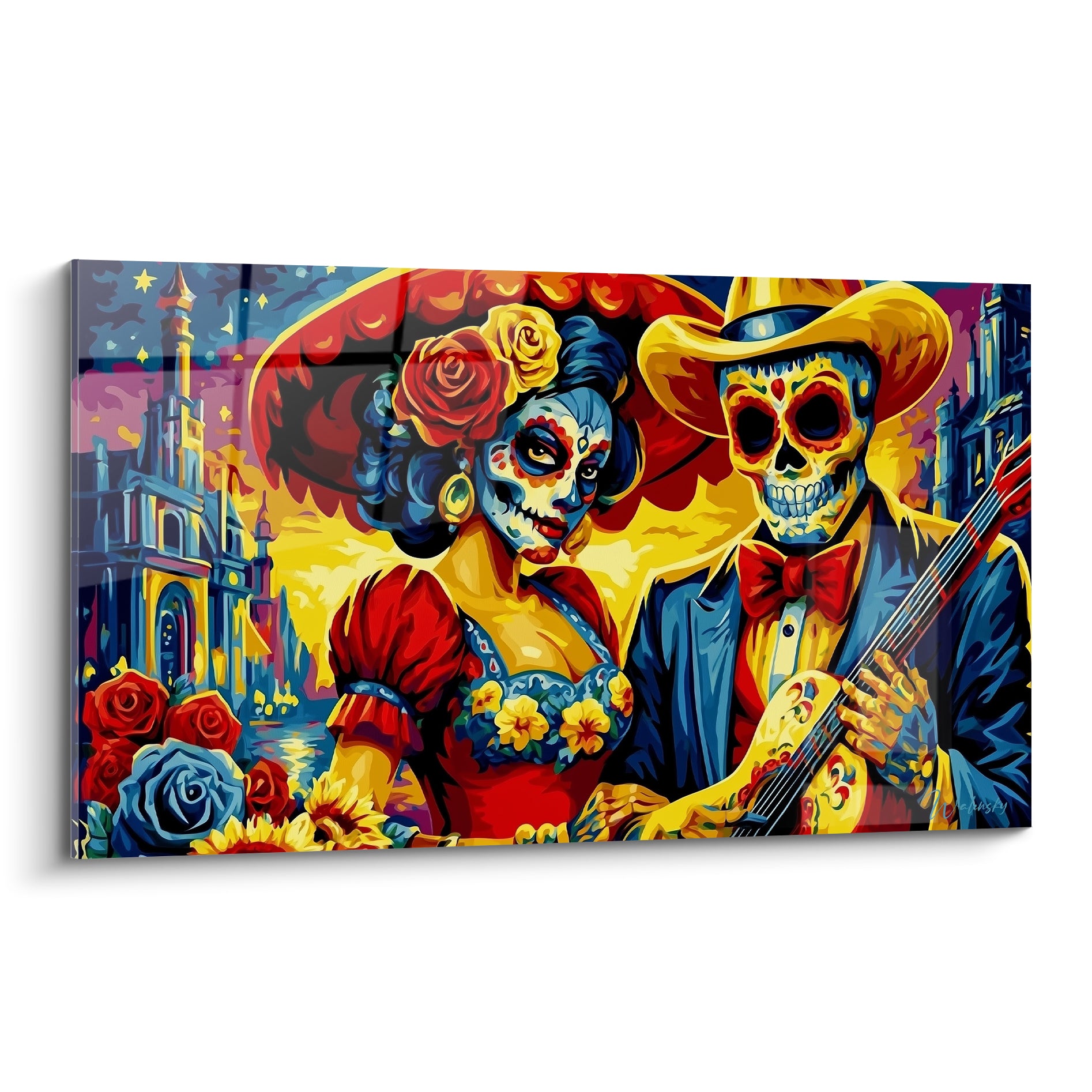 Catrina en robe rouge et squelette guitariste doré, tableau Dia de los Muertos aux tons bleu nuit vifs