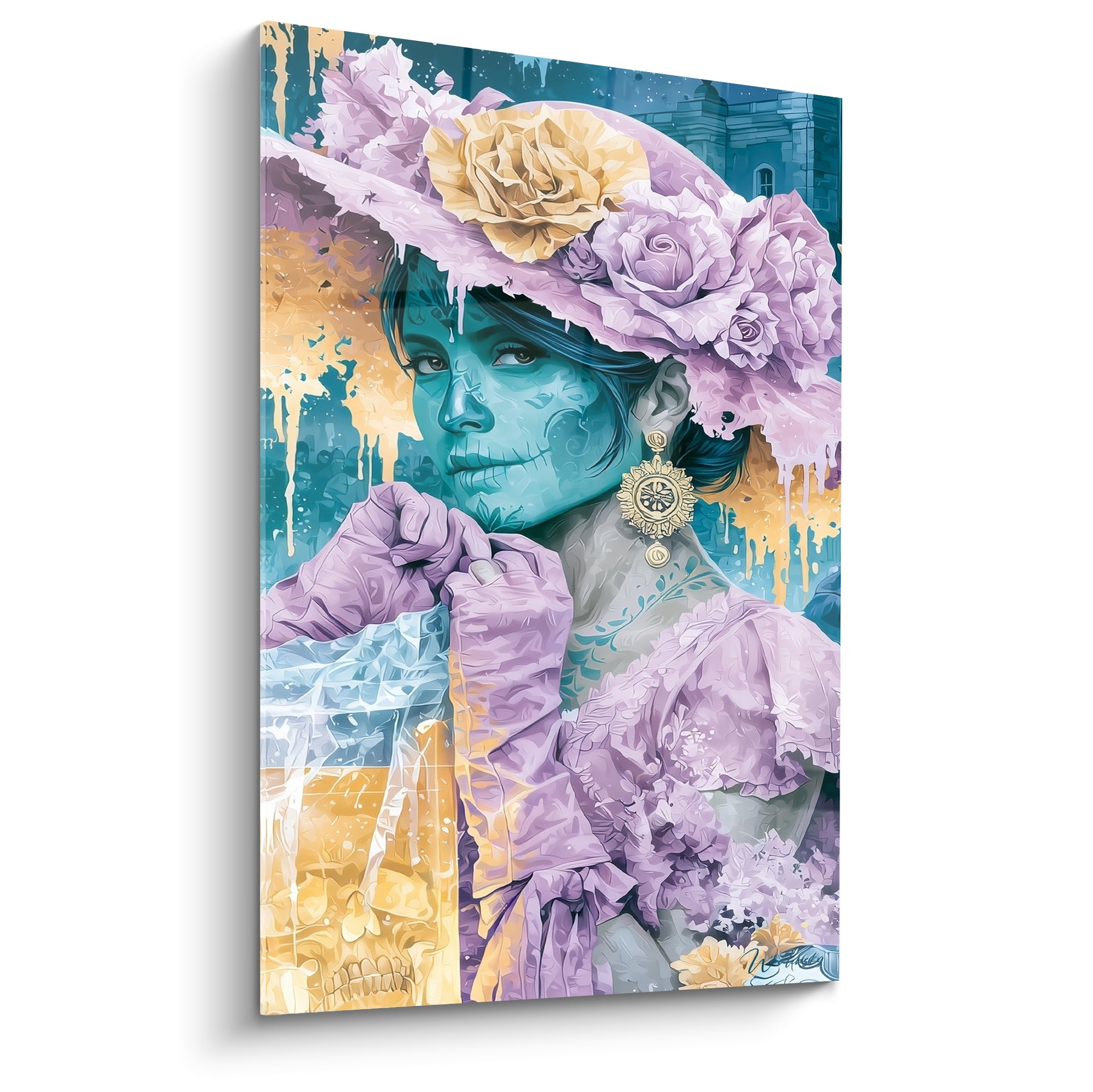Catrina Dia de los Muertos au visage turquoise, chapeau lilas et doré, fond bleu peint