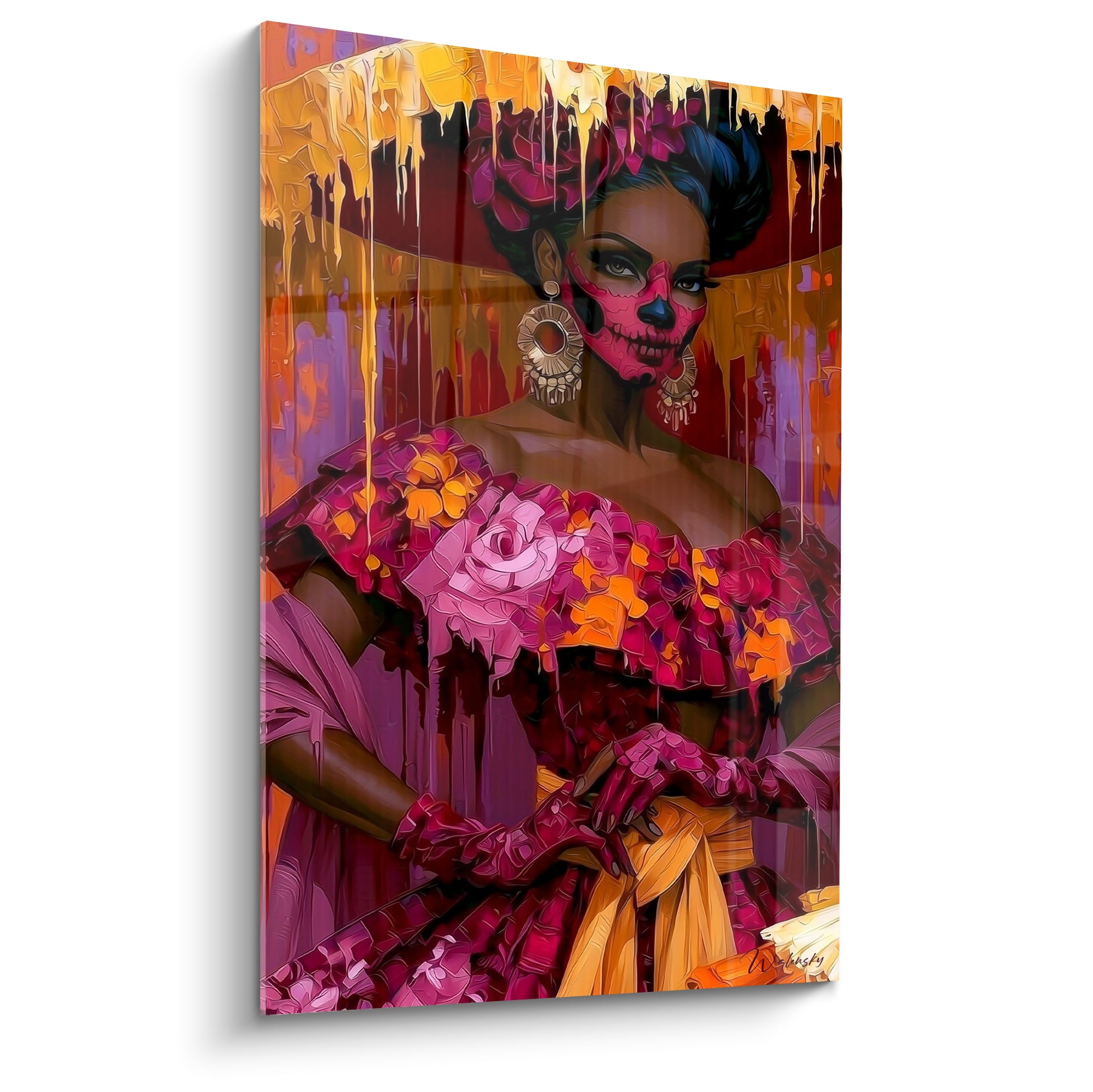 Catrina au visage peint, roses pourpres et coulures dorées, portrait Dia de los Muertos plein cadre