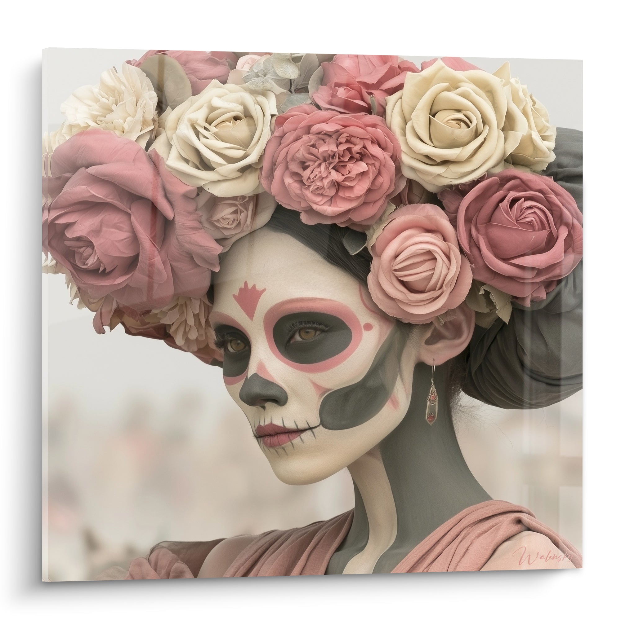 Catrina Dia de los Muertos au visage peint, couronne de roses roses et ivoire, chevelure anthracite