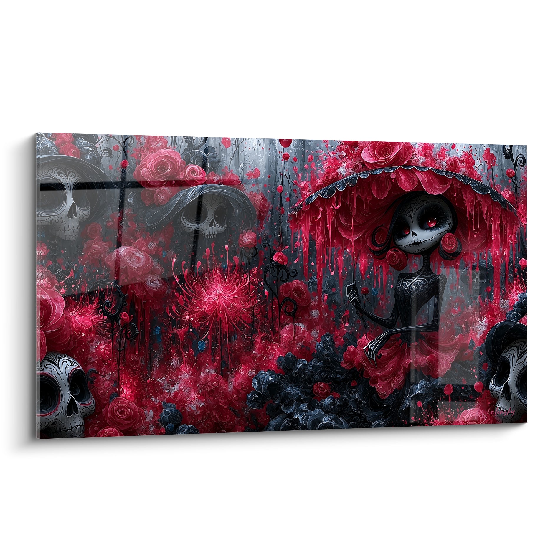 Catrina en robe noire tenant une rose sous ombrelle rouge, crânes gris en arrière-plan